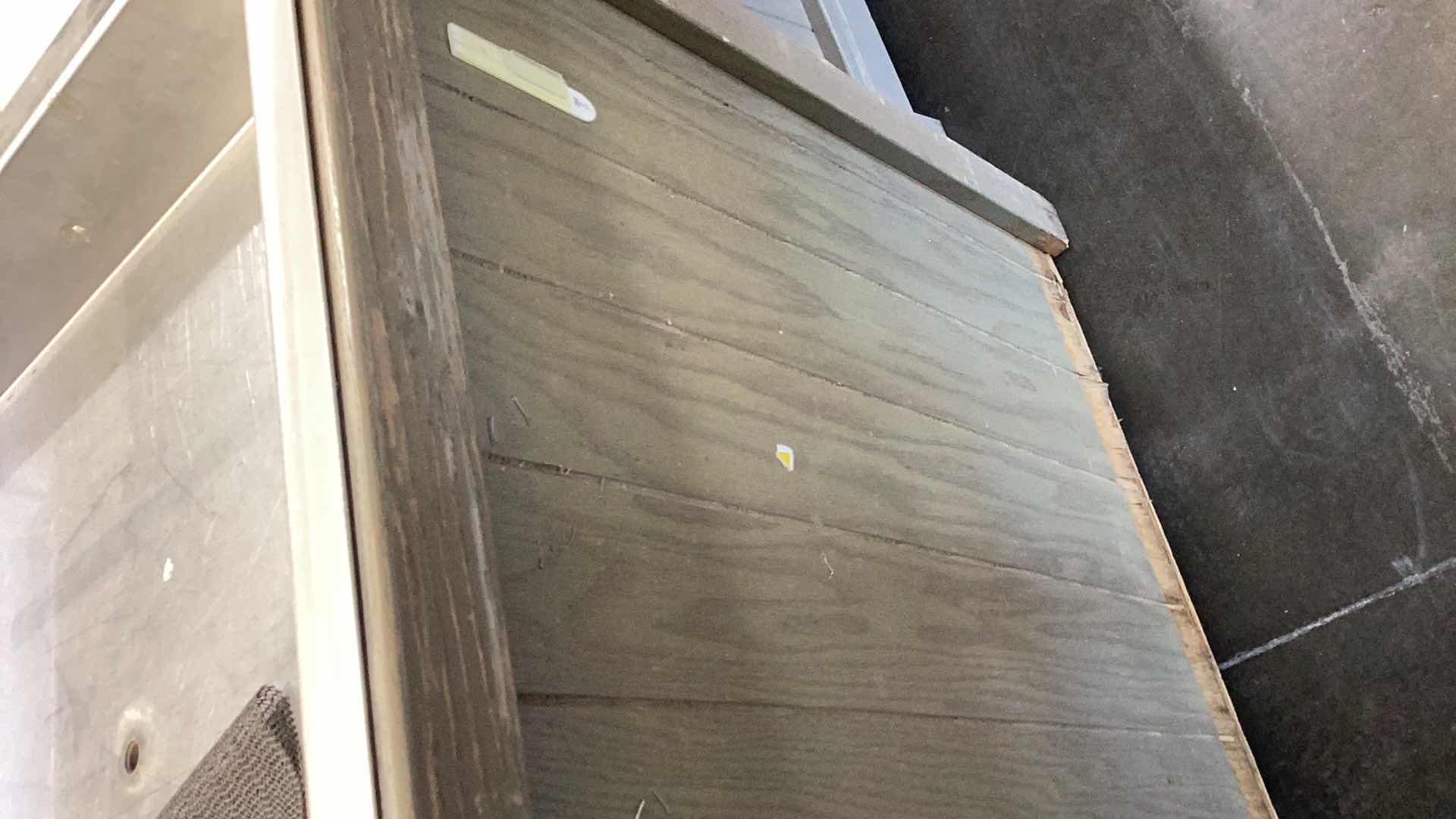 Photo 1 of LARGE WOODEN FRUIT DISPLAY WITH WHEELS, METAL TOP, AND DRAINAGE 30” X 30” H 34”