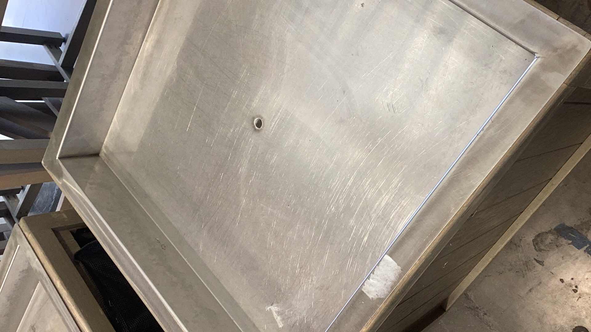 Photo 1 of LARGE WOODEN FRUIT DISPLAY WITH WHEELS, METAL TOP, AND DRAINAGE 30” X 30” H 34”