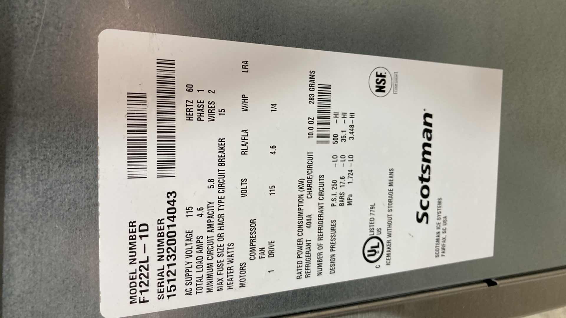 Photo 6 of SCOTSMAN PRODIGY PLUS ICE MACHINE MODEL F1222L-1D