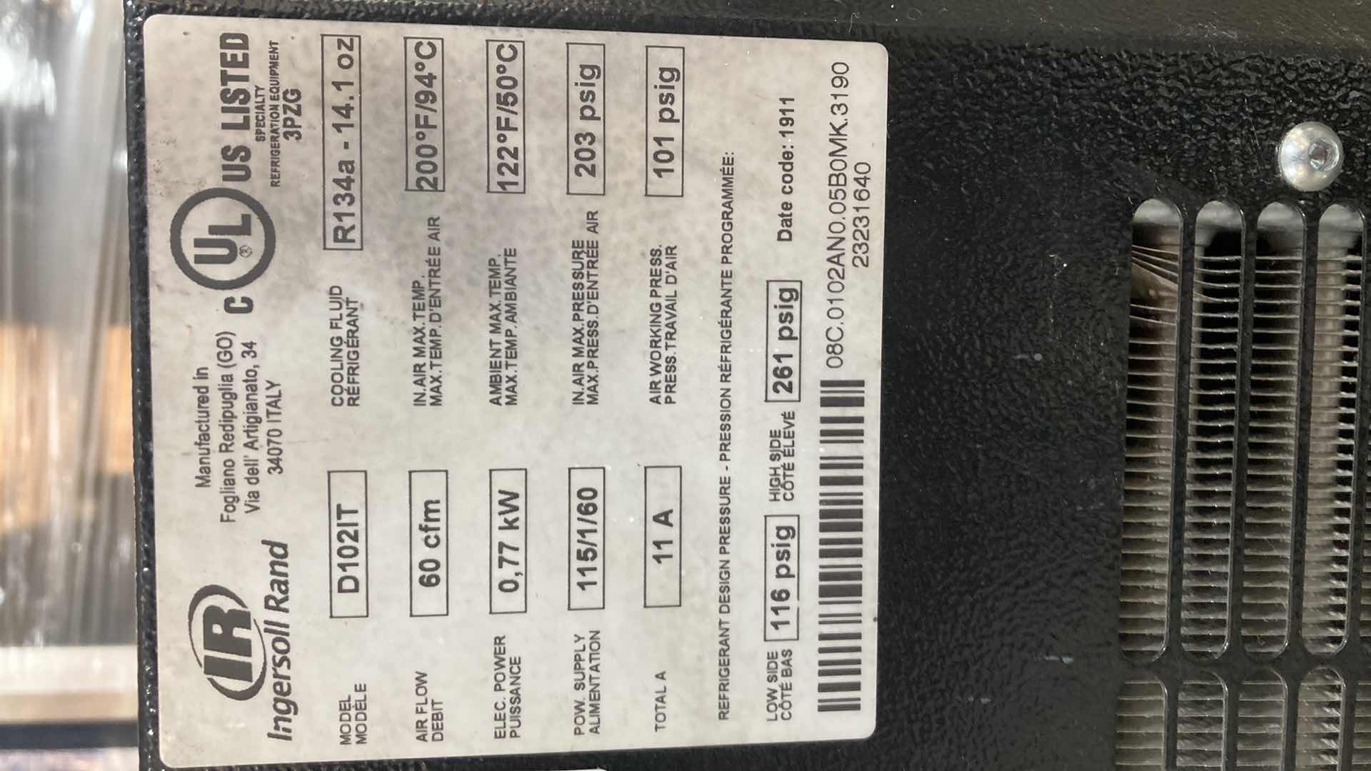 Photo 12 of INGERSOLL RAND COMPRESSOR MODEL 2545k10-V & INGERSOLL HIGH TEMP AIR DRYER MODEL D102IT