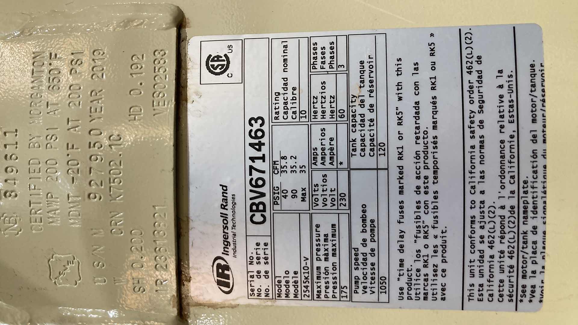 Photo 6 of INGERSOLL RAND COMPRESSOR MODEL 2545k10-V & INGERSOLL HIGH TEMP AIR DRYER MODEL D102IT