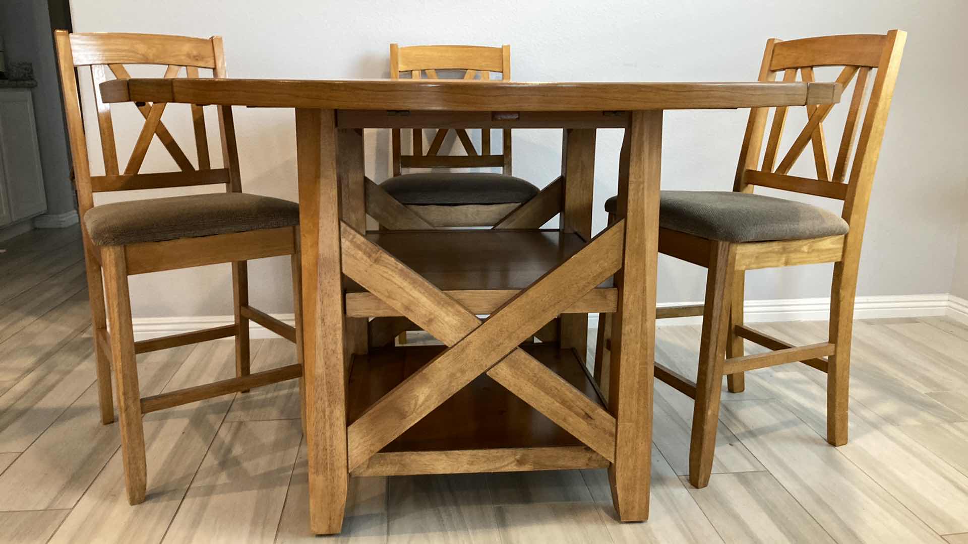 Photo 1 of EMERALD HOME DINING TABLE & 4 BAR STOOLS W LAZY SUSAN & FOLD OUT LEAFS 46”-60” X 36.25”