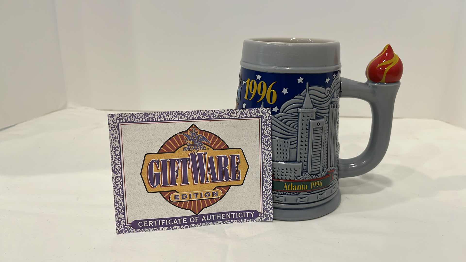 Photo 1 of ANHEUSER-BUSCH, INC. ATLANTA 1996 OLYMPIC GAMES STEIN, 100TH OLYMPIC GAMES, 1992, COA INCLUDED