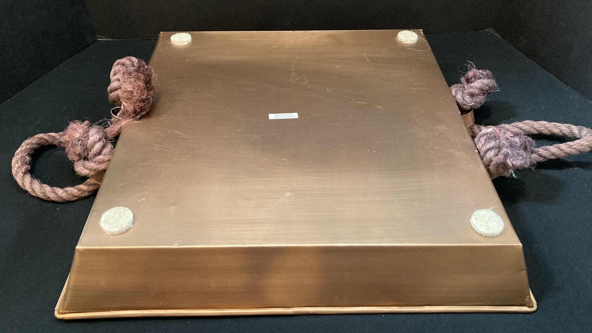 Photo 1 of COPPER BRONZE FINISH TRAY W ROPE HANDLES 16” X 17.5” H2.75”