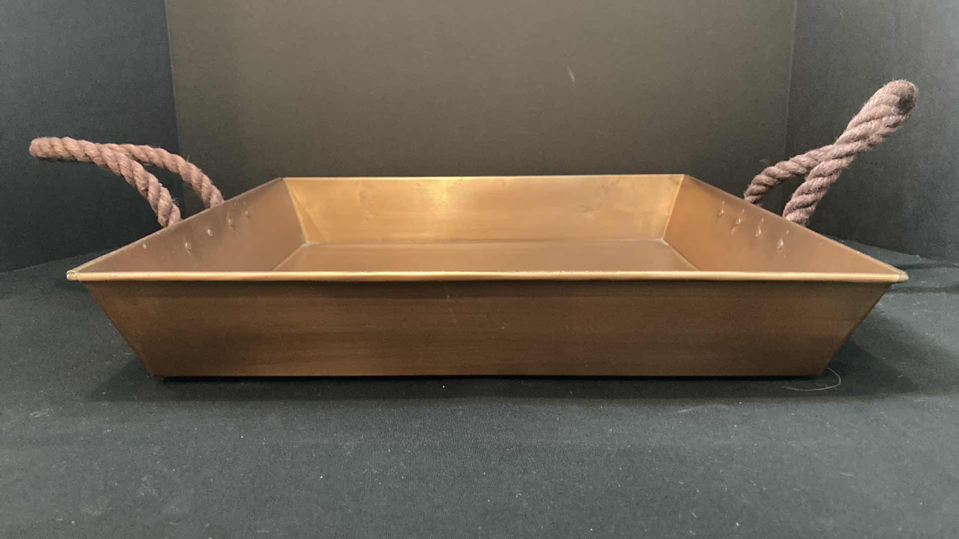 Photo 1 of COPPER BRONZE FINISH TRAY W ROPE HANDLES 16” X 17.5” H2.75”