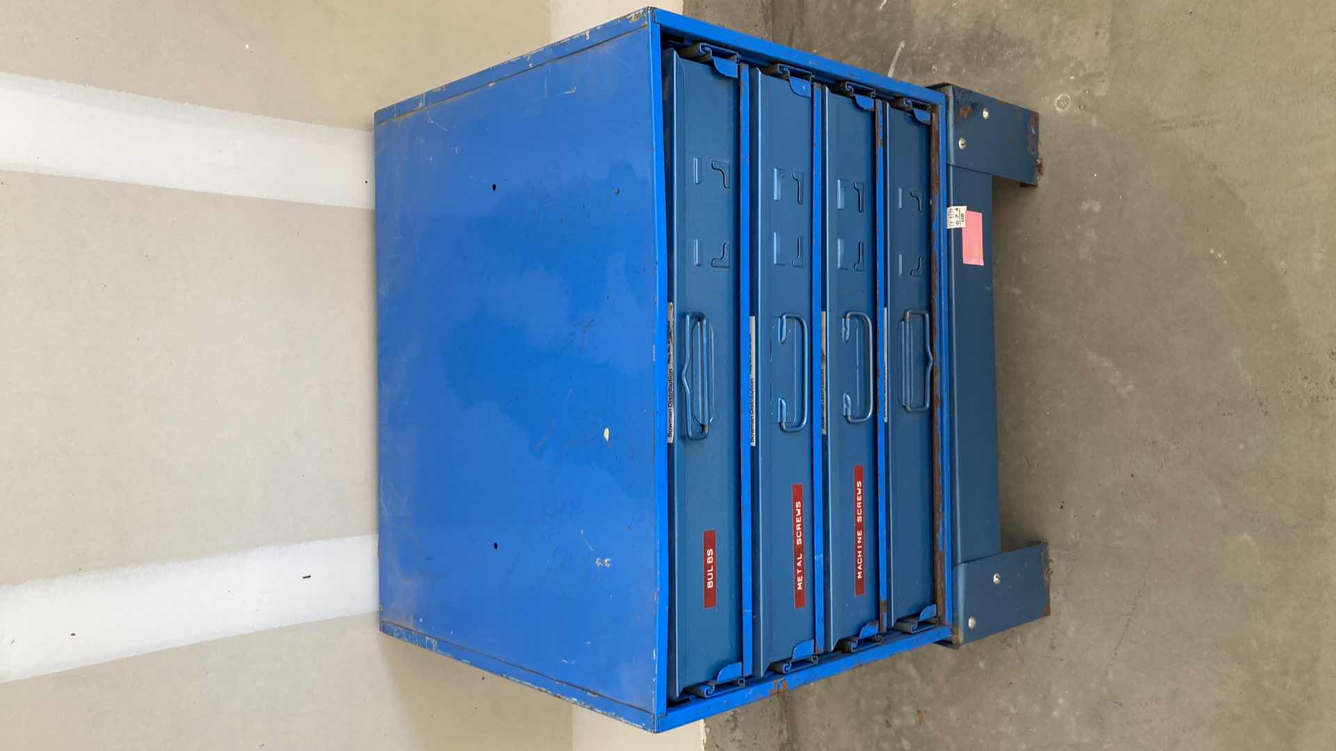 Photo 1 of BOWMAN 4 DRAWER STEEL STORAGE CABINET W MODEL TRAIN PARTS AS LABELED 20” X 16” H22”