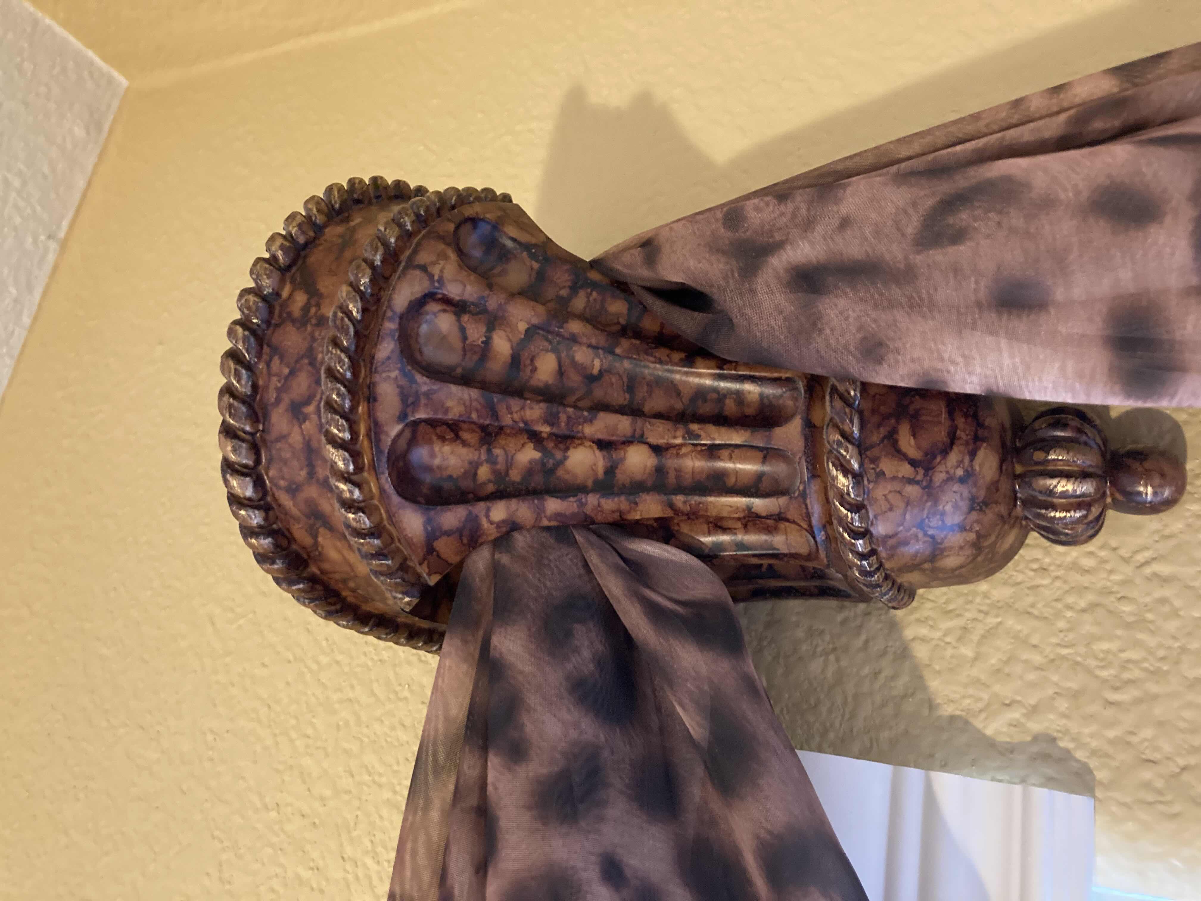 Photo 1 of CHEETAH PRINT TRANSPARENT DRAPES W TWO TONE PATTERN RESIN DRAPE HOLDERS (2) 5.25” X 8”