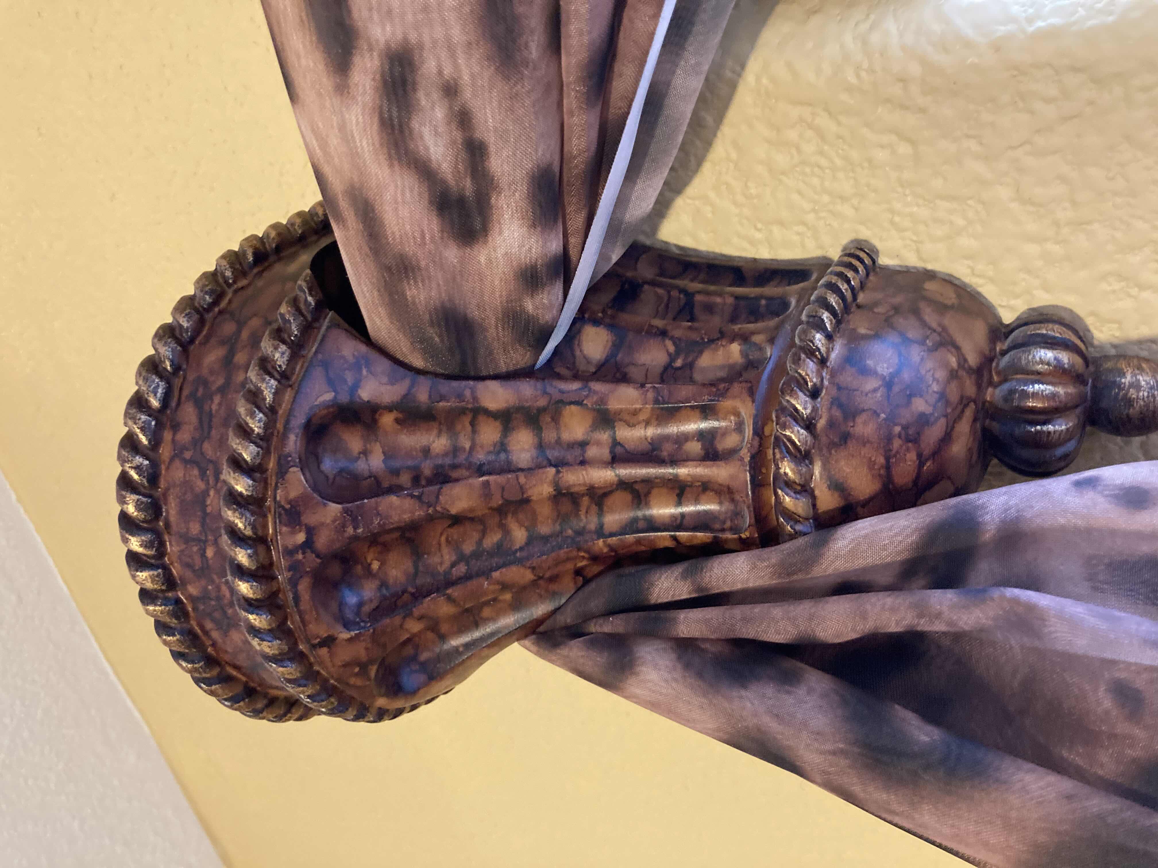 Photo 1 of CHEETAH PRINT TRANSPARENT DRAPES W TWO TONE PATTERN RESIN DRAPE HOLDERS (2) 5.25” X 8”