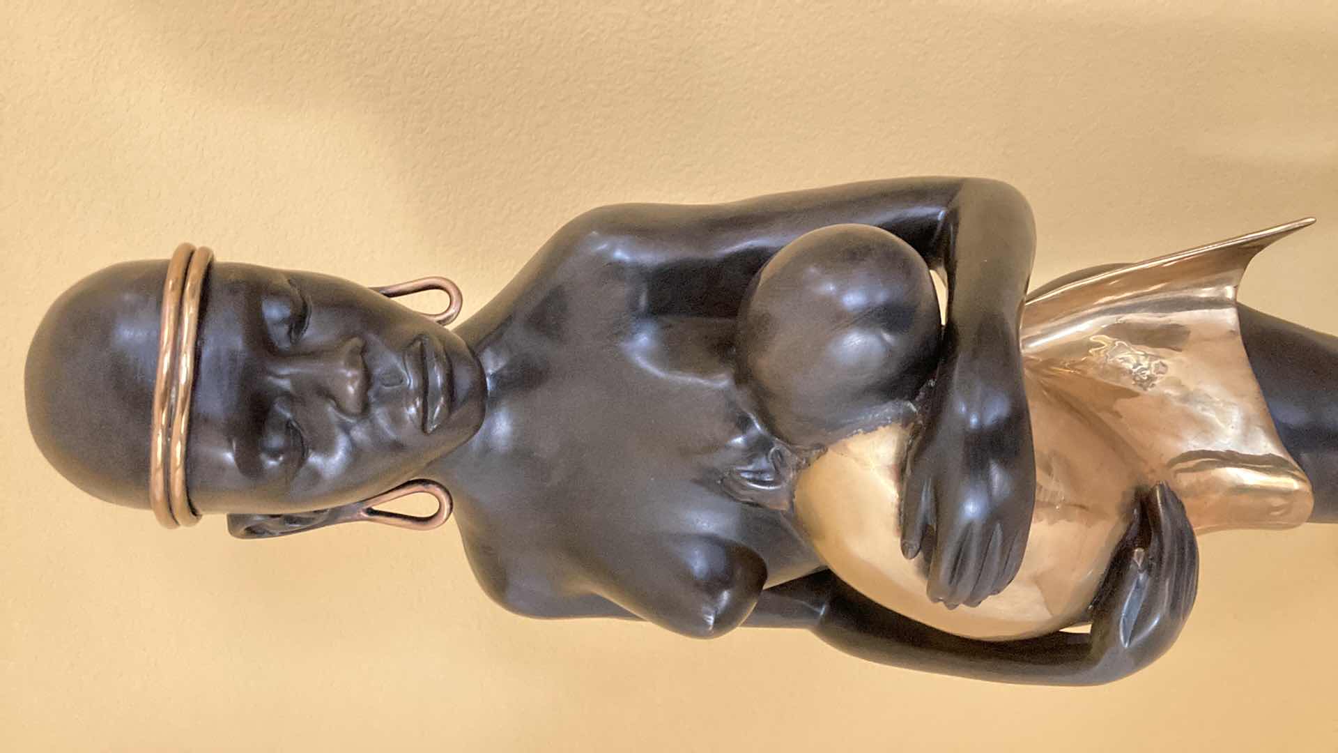 Photo 1 of AFRICAN TRIBE MOTHER & BABY EBONY/GOLD FINISH BRASS SCULPTED LIFE-SIZE STATUE 13” X 12” H64.25”