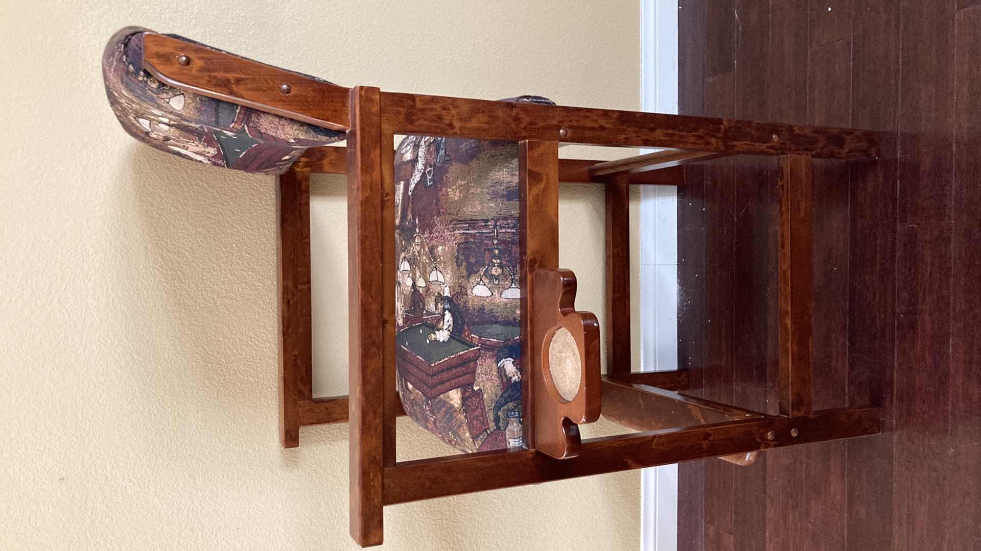 Photo 1 of RECREATIONAL PRODUCTS BILLARD THEME UPHOLSTERED WOOD BAR STOOL W CUP HOLDER 26” X 21” H45”