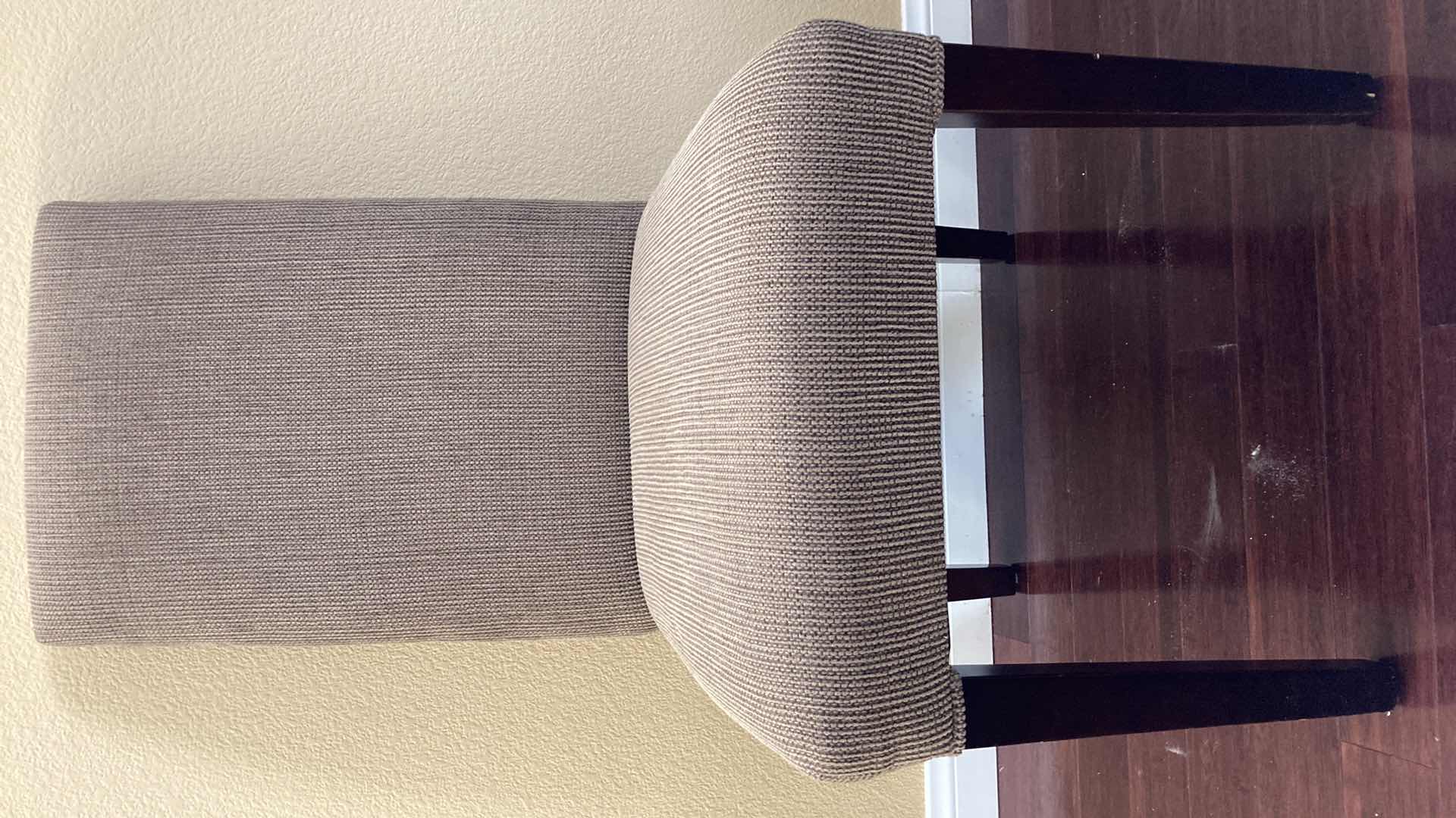 Photo 1 of CORDUROY UPHOLSTERED ARMLESS DARK WOOD FINISH CHAIR 20” X 25” H42”