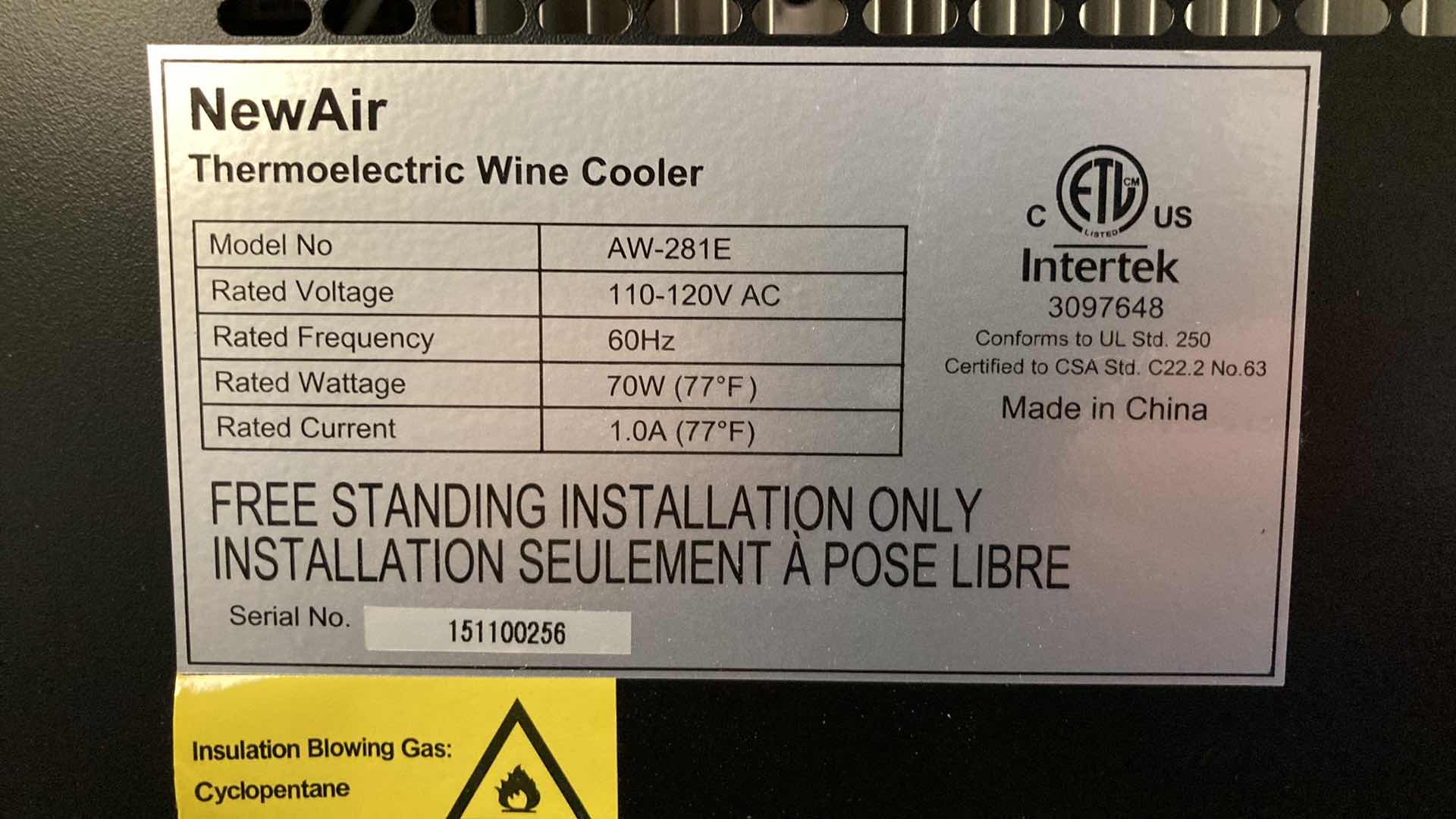 Photo 1 of NEWAIR STAINLESS STEEL & BLACK THERMOELECTRIC WINE COOLER MODEL AW-281E