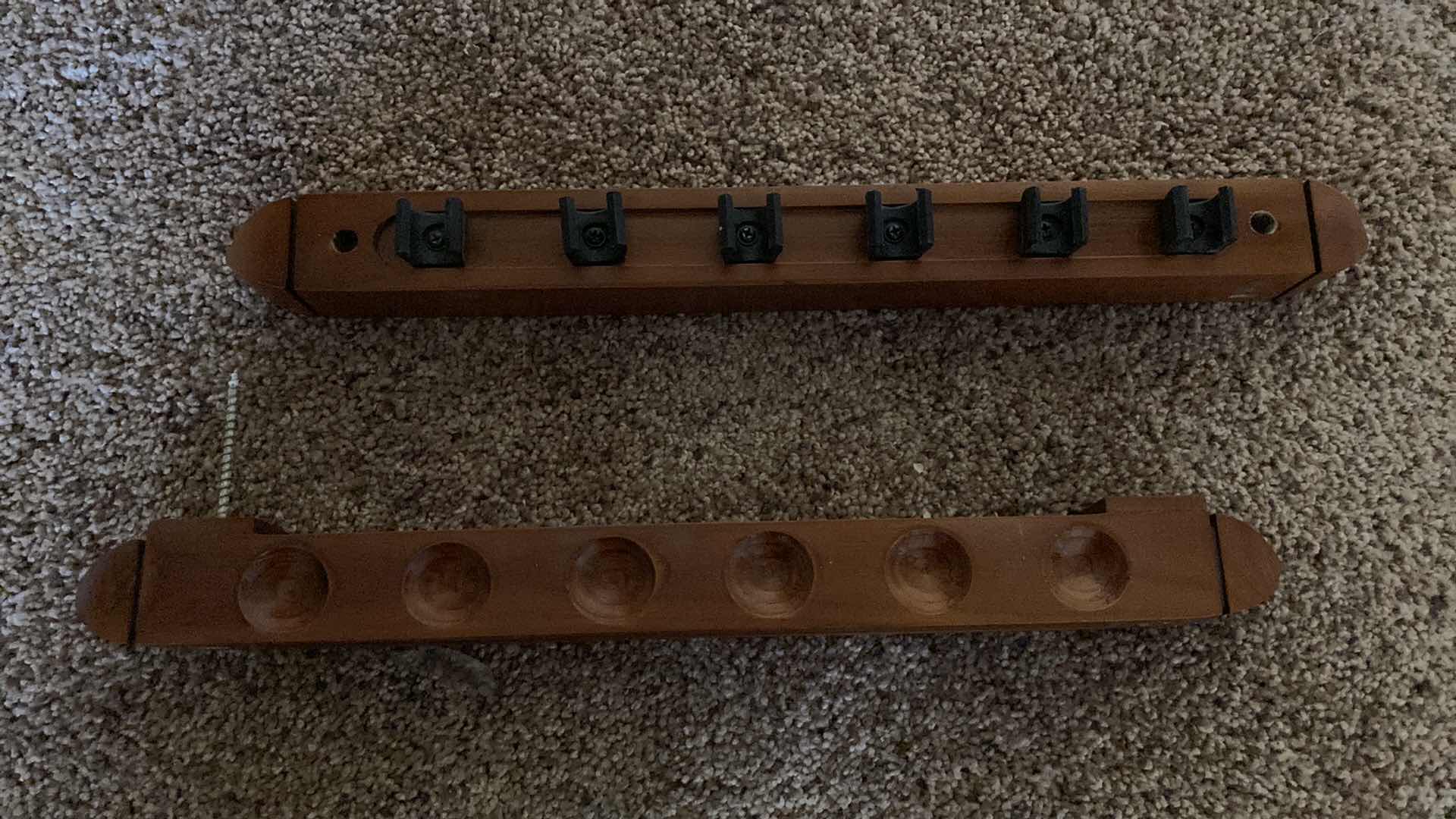 Photo 1 of BILLARDS WOOD WALL MOUNTED SHELF 36” X 18” H15” & 6 SLOT POOL CUE HOLDER RACK