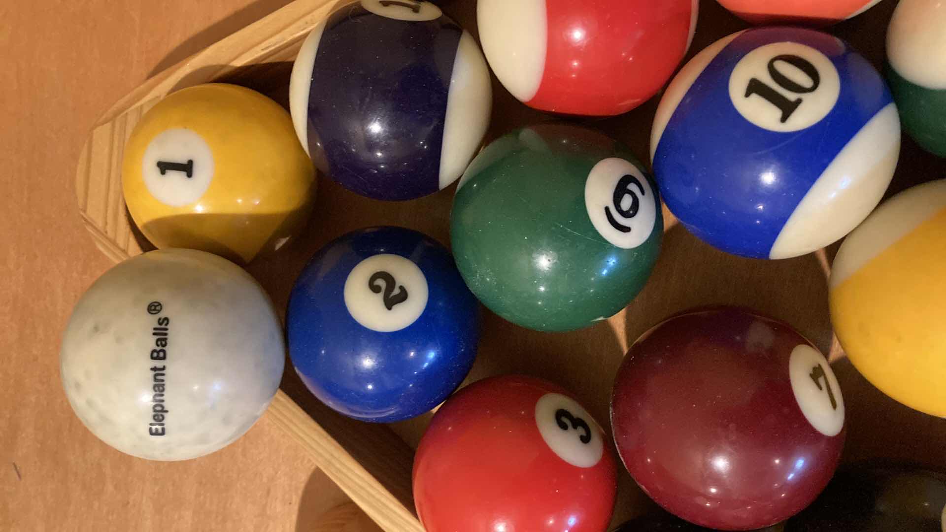 Photo 1 of ELEPHANT BALL QUE BALL SET & CUE RACKS (2) W POOL TABLE & CUE STICK CARE SET