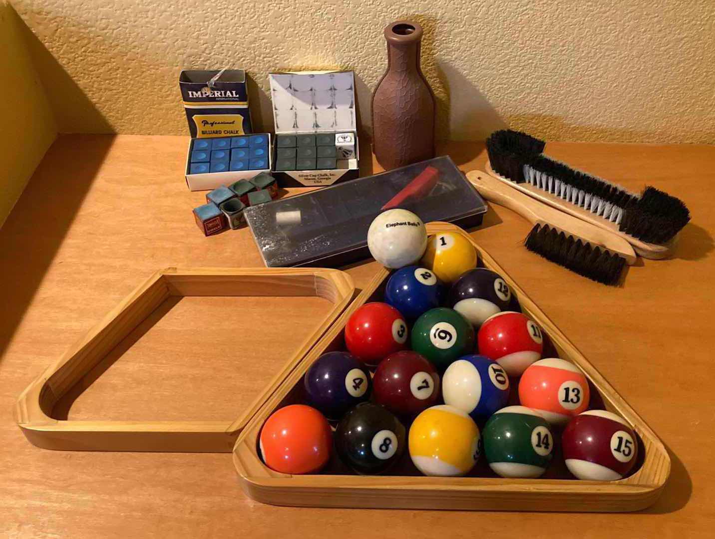 Photo 1 of ELEPHANT BALL QUE BALL SET & CUE RACKS (2) W POOL TABLE & CUE STICK CARE SET