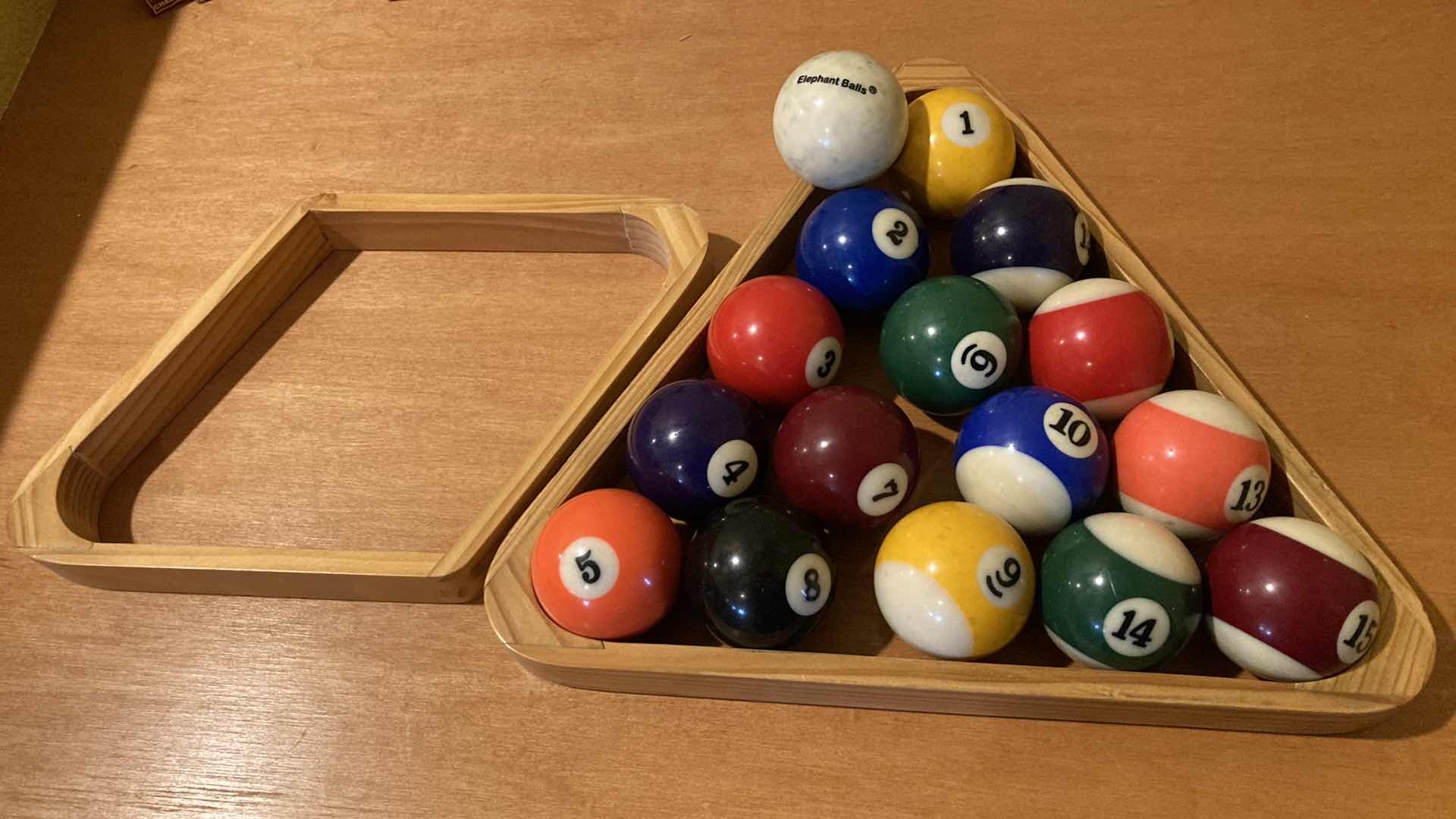 Photo 1 of ELEPHANT BALL QUE BALL SET & CUE RACKS (2) W POOL TABLE & CUE STICK CARE SET