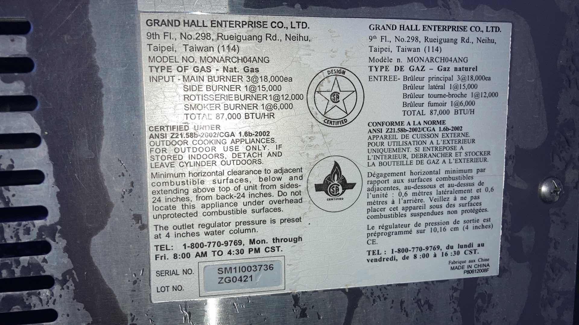 Photo 1 of MEMBERS MARK NATURAL GAS GRILL W BURNER & ROTISSERIE MODEL MONARCH04ANG