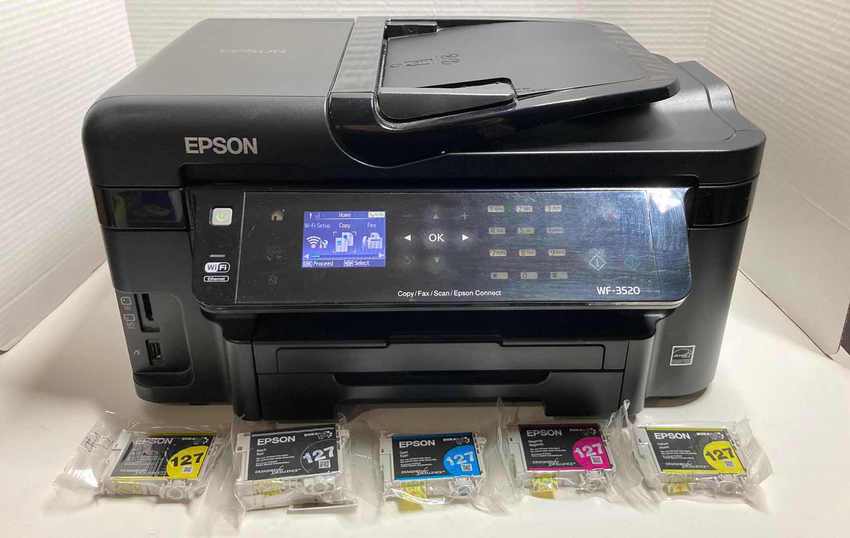 Photo 1 of EPSON WF-3520 ALL IN ONE PRINTER MODEL C481C W EPSON INK CARTRIDGES (5)