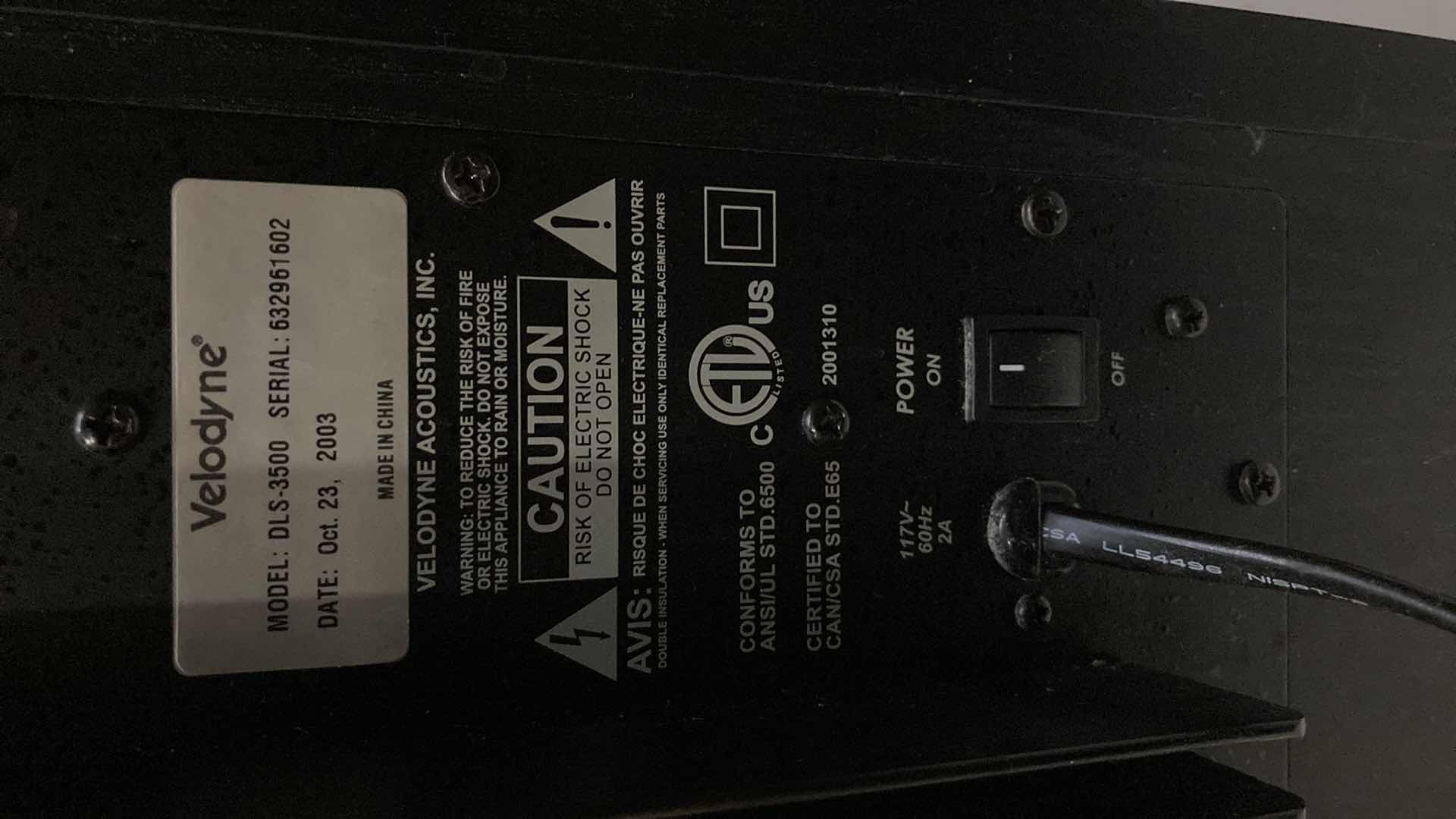 Photo 1 of VELODYNE DLS SUBWOOFER MODEL DLS-3500 W SPEAKER WIRE