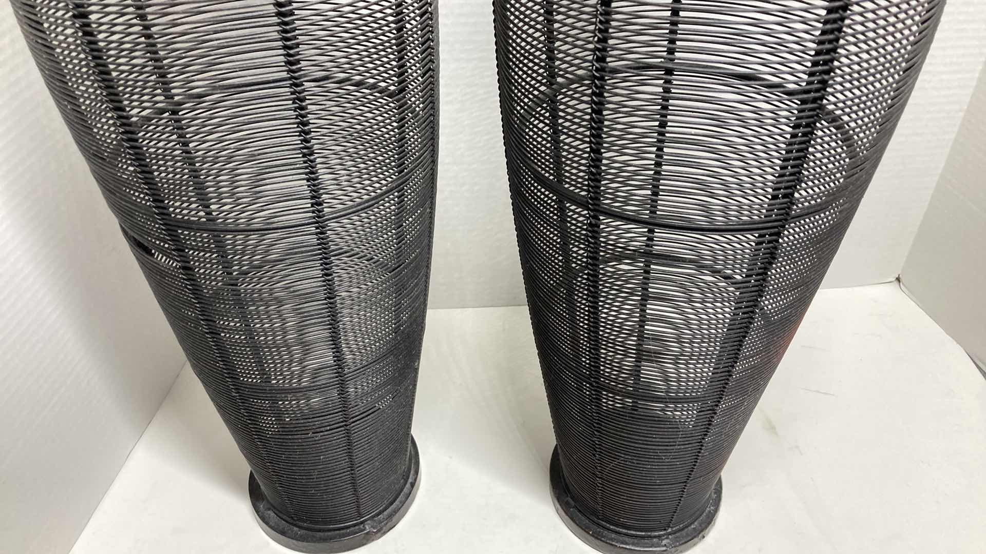 Photo 1 of RATTAN & BLACK METAL WIRE YARD DECOR VASES (2) 7” X 27”