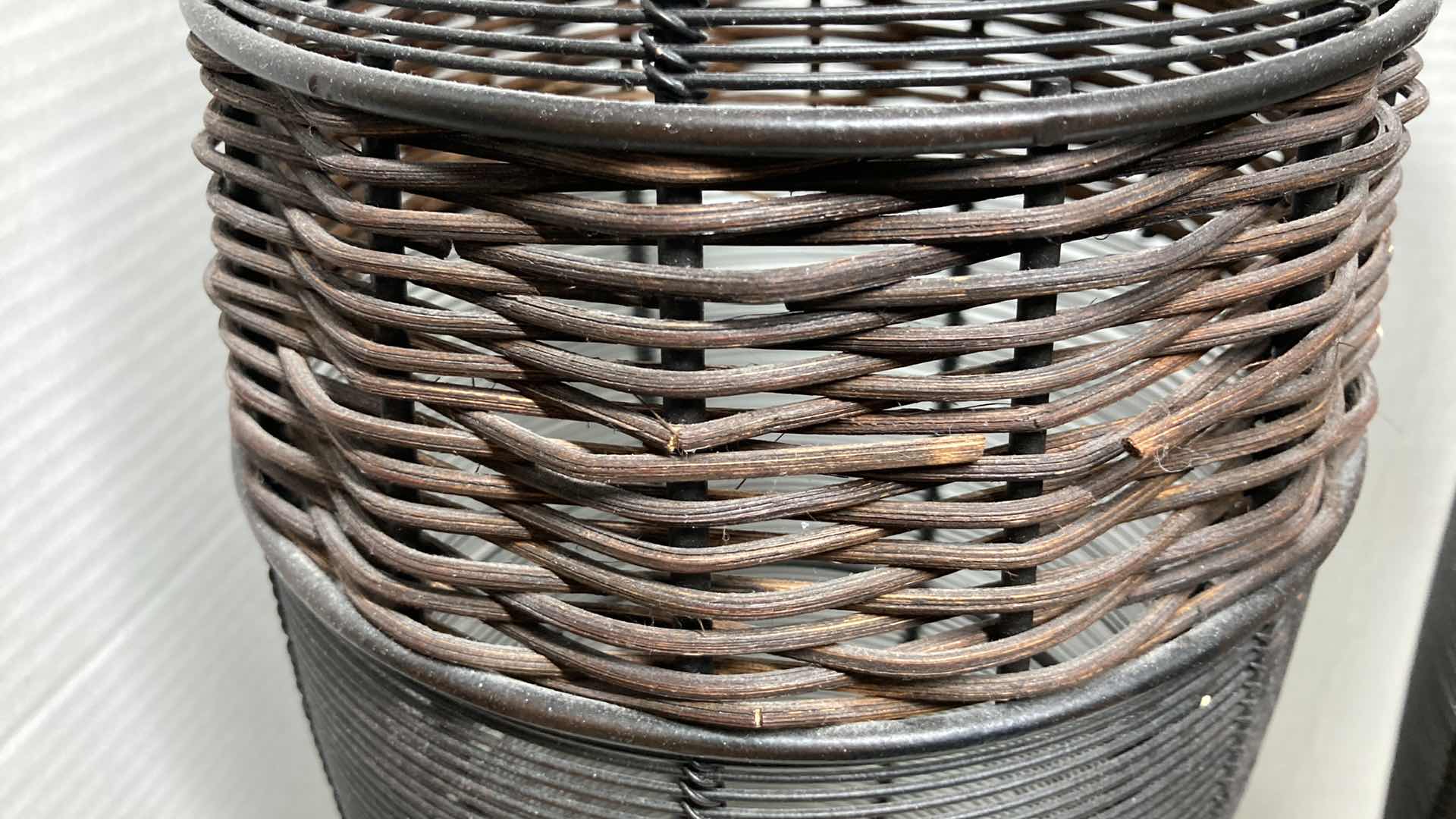 Photo 1 of RATTAN & BLACK METAL WIRE YARD DECOR VASES (2) 7” X 27”