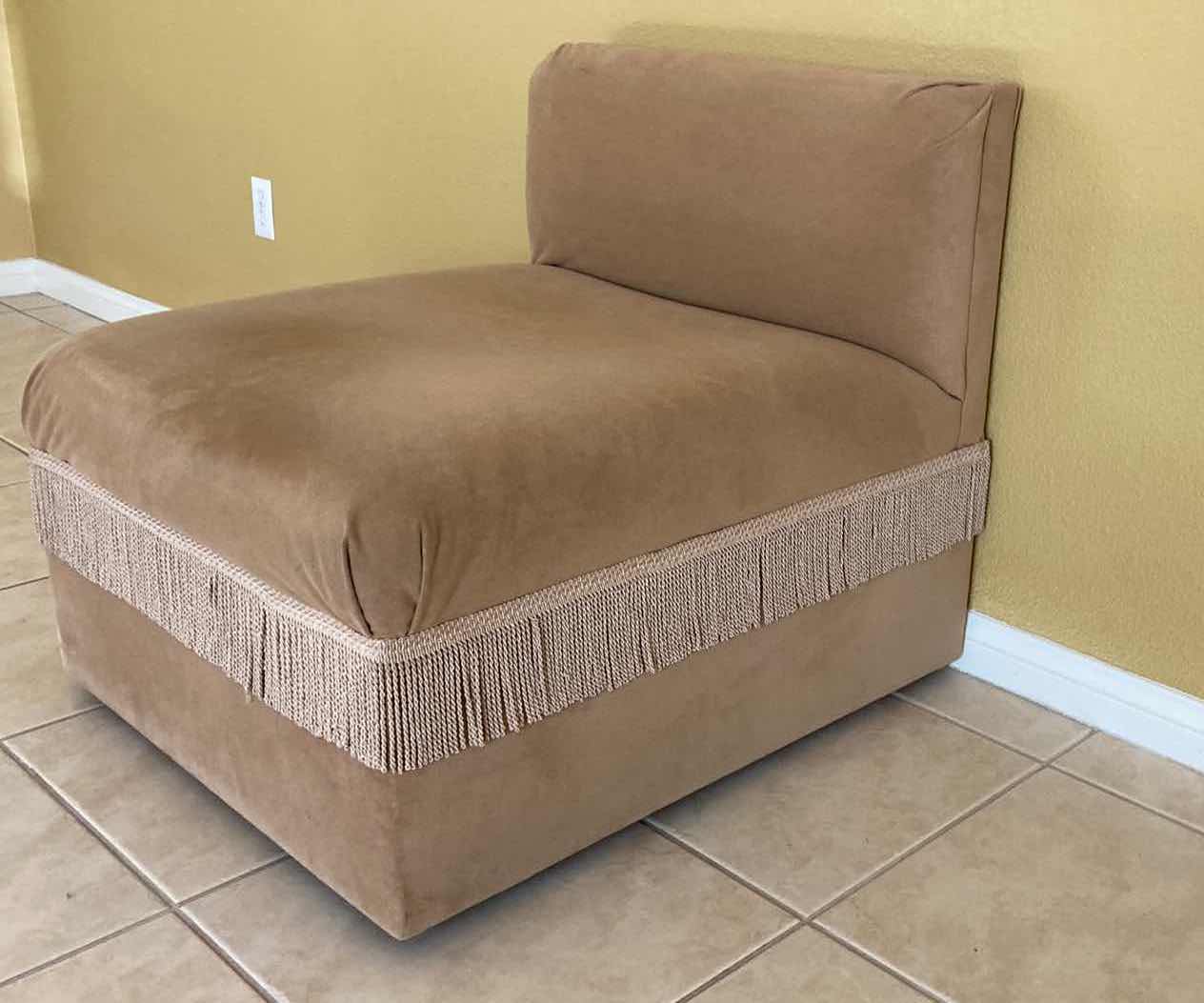 Photo 1 of TAN FRINGE SLIPPER CHAIR 29” X 34” H28”