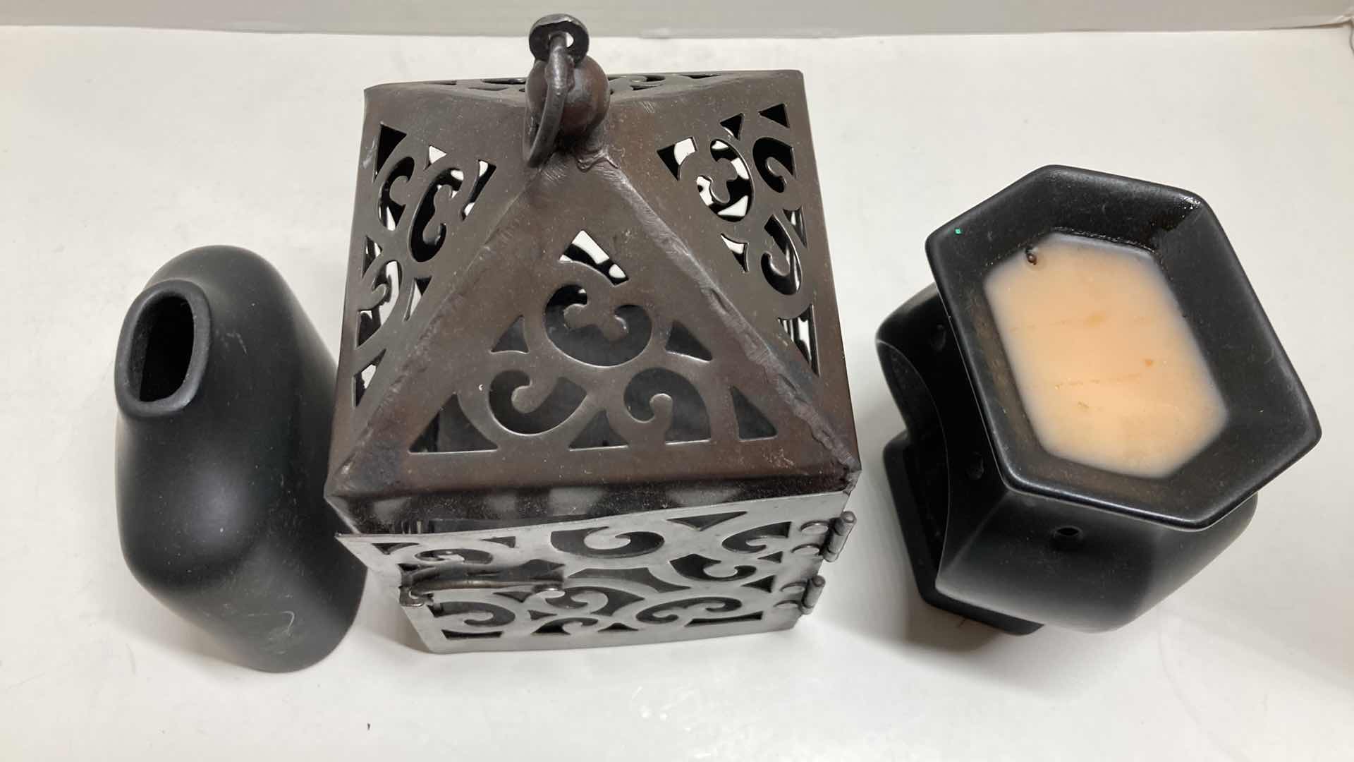Photo 1 of BLACK CERAMIC INCENSE HOLDER & METAL CANDLE LANTERN W BLACK OIL DIFFUSER