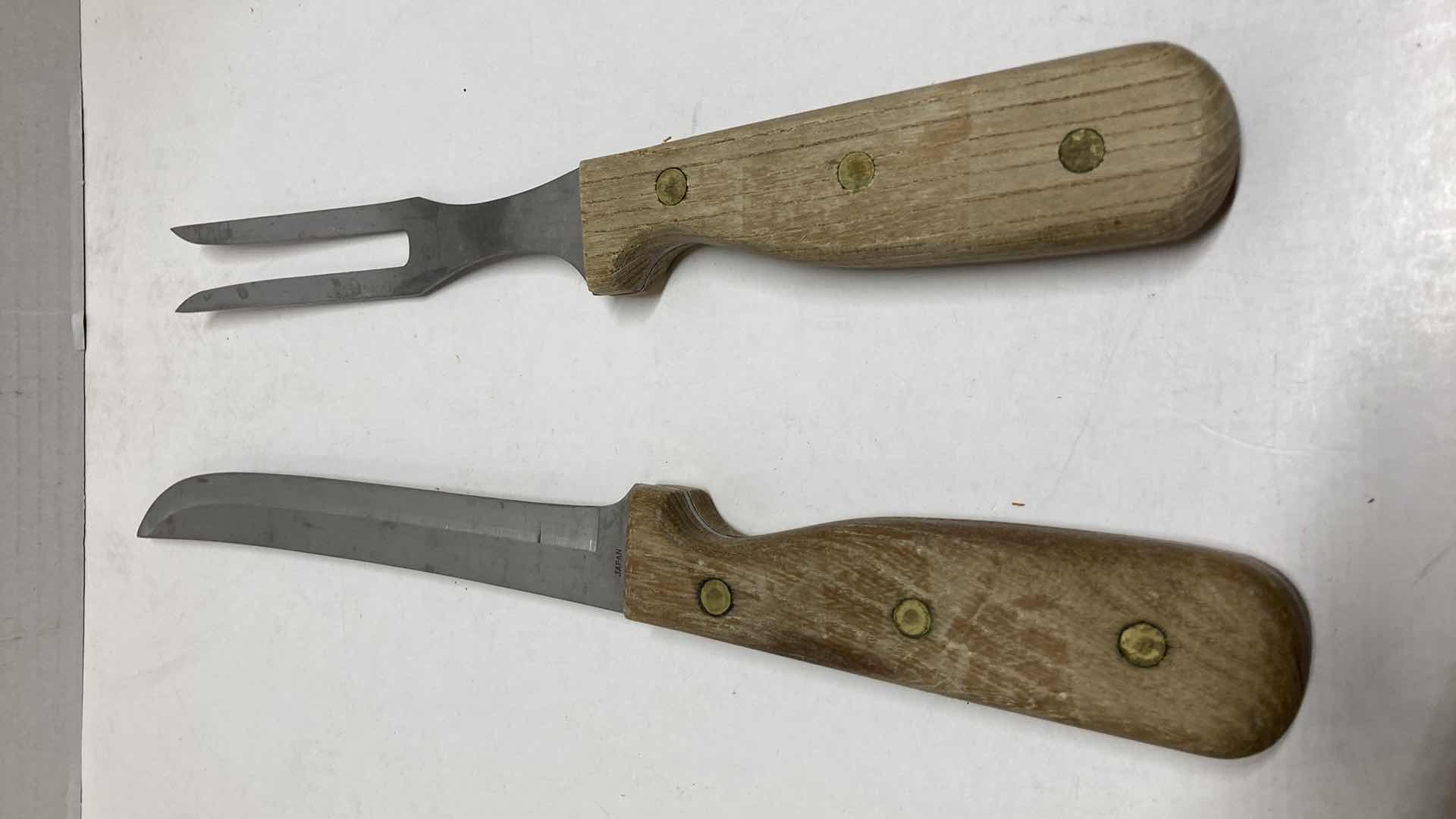 Photo 1 of BBQ WOOD HANDLED KNIFE W ROGERS HIGH CARBON KNIFE & MEAT FORK SET