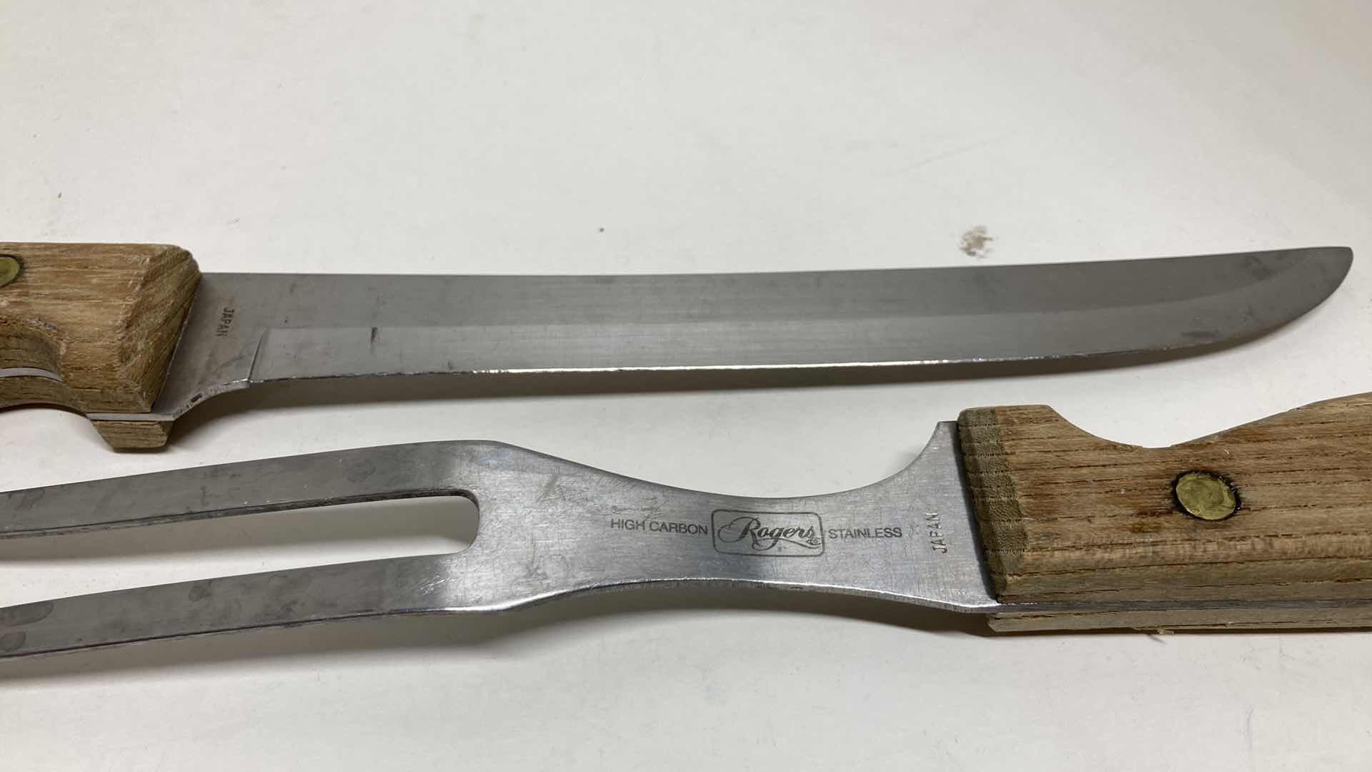 Photo 6 of BBQ WOOD HANDLED KNIFE W ROGERS HIGH CARBON KNIFE & MEAT FORK SET