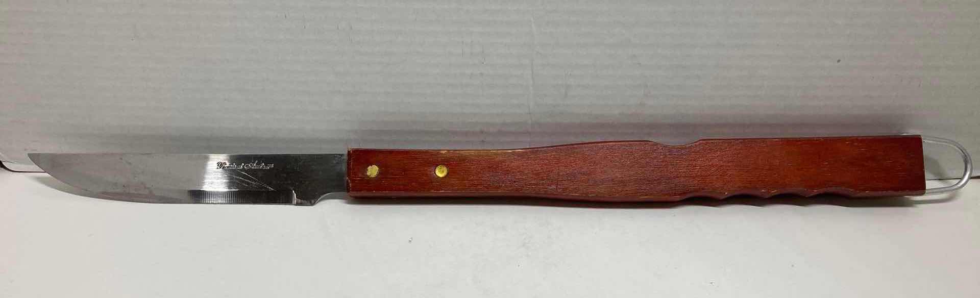 Photo 2 of BBQ WOOD HANDLED KNIFE W ROGERS HIGH CARBON KNIFE & MEAT FORK SET