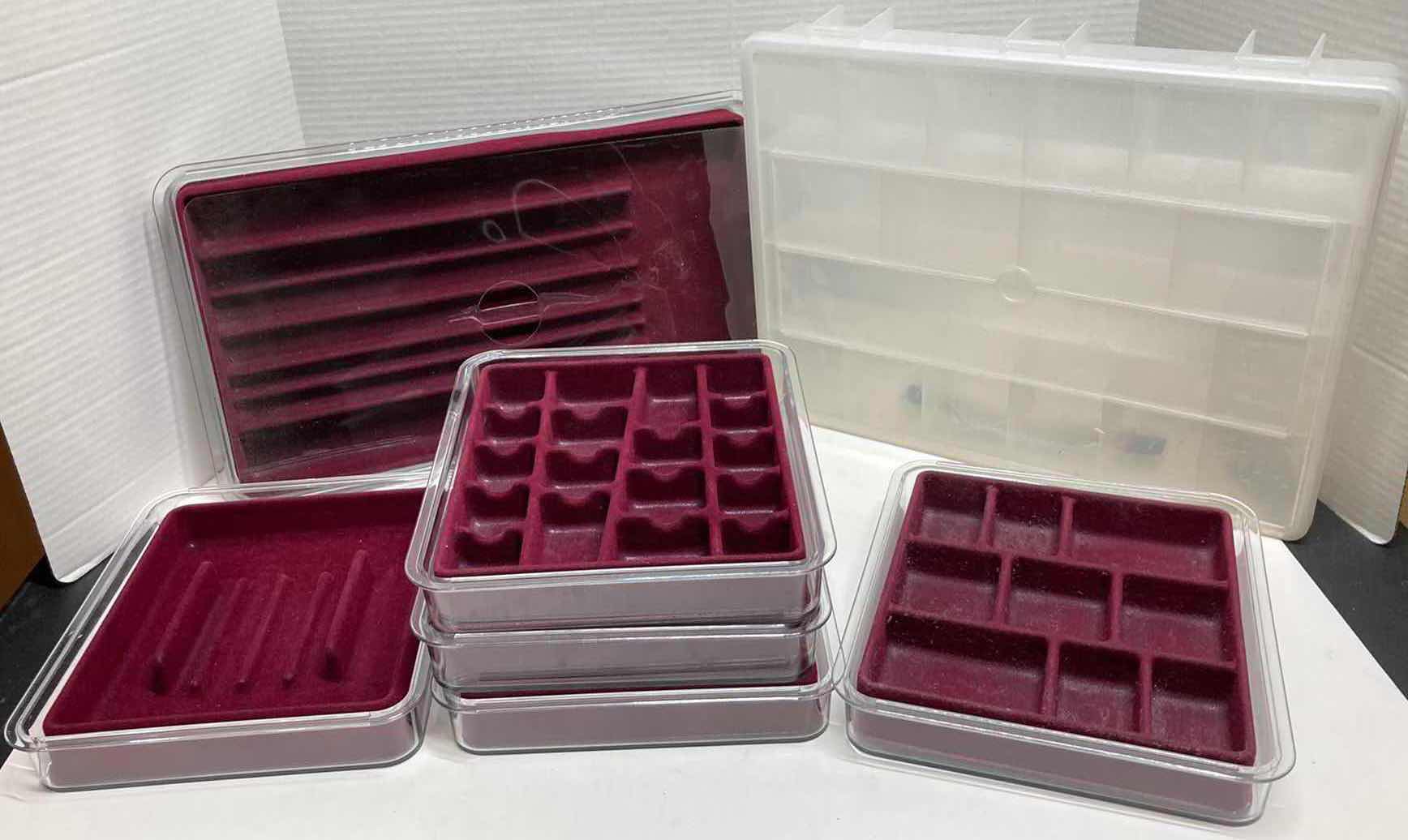 Photo 1 of JEWELRY STORAGE DISPLAY BOXES (6) W CRAFTING STORAGE CASE 14” X 11” H2.5”