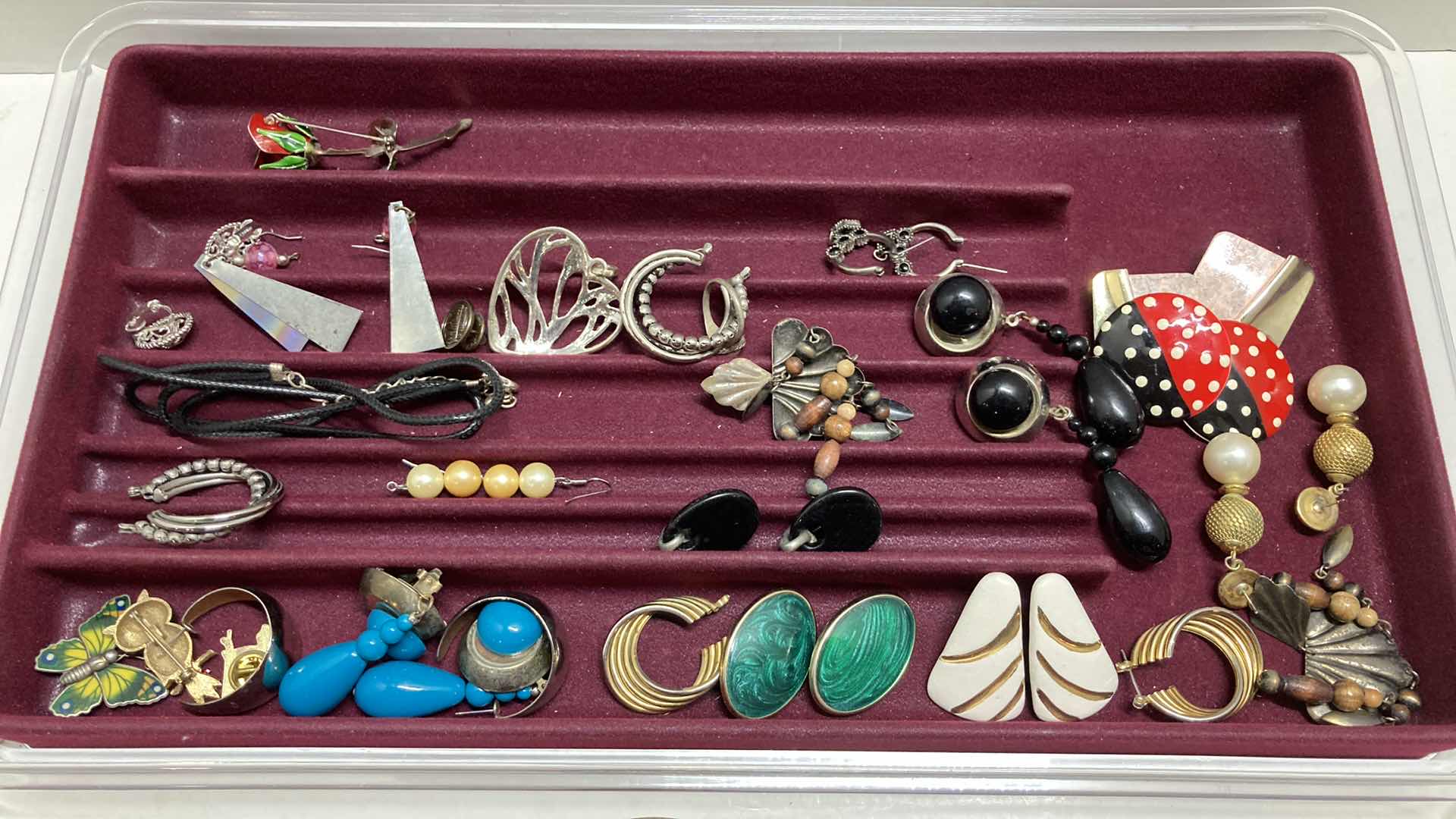 Photo 1 of FASHION JEWELRY- EARRINGS, NECKLACES & BRACELETS W JEWELRY DISPLAY STORAGE BOX 16” X 9” H1.75”
