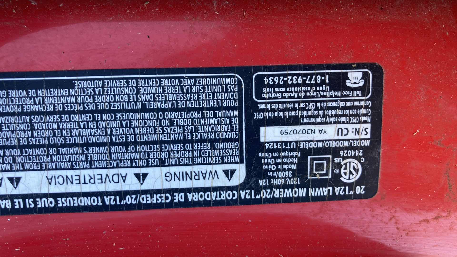 Photo 1 of HOMELITE 20” 3IN1 ELECTRIC LAWNMOWER MODEL UT070759