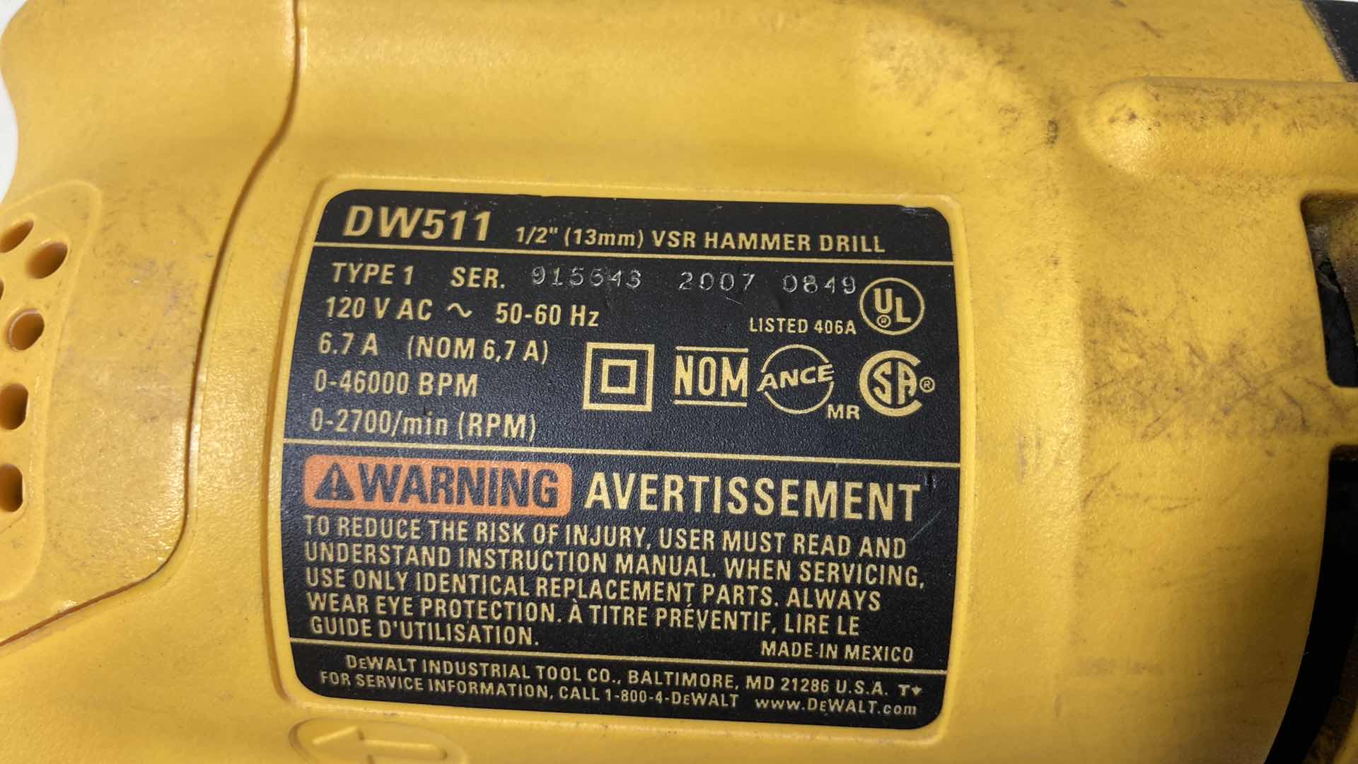 Photo 6 of DEWALT VSR HAMMER CORDED DRILL  MODEL DW511