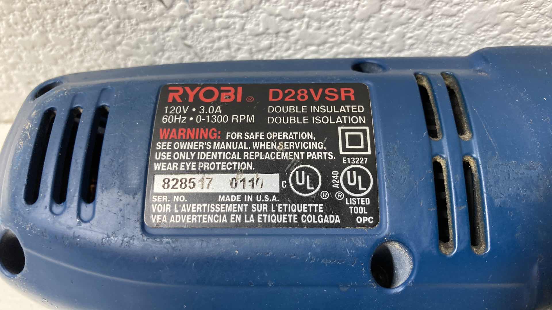 Photo 1 of RYOBI DOUBLE INSULATED CORDED DRILL MODEL D28VSR