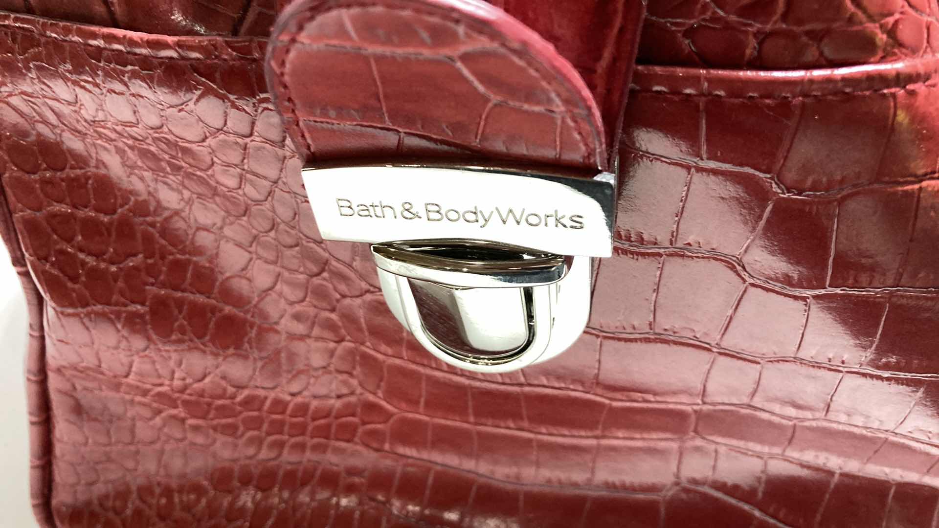 View 5 of BATH & BODYWORKS RED ALLIGATOR SKIN FINISH TRAVEL BAG 20” X 12”