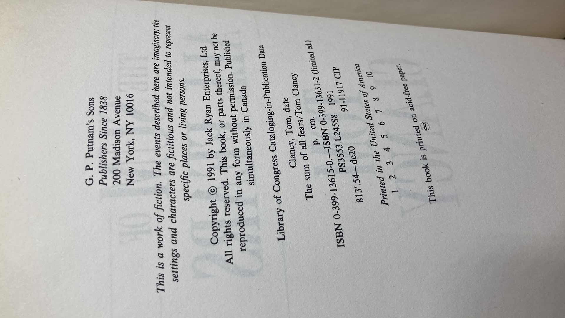 Photo 1 of THE SUM OF ALL FEARS  AUTOGRAPHED BY TOM CLANCY HARD COVER BOOK