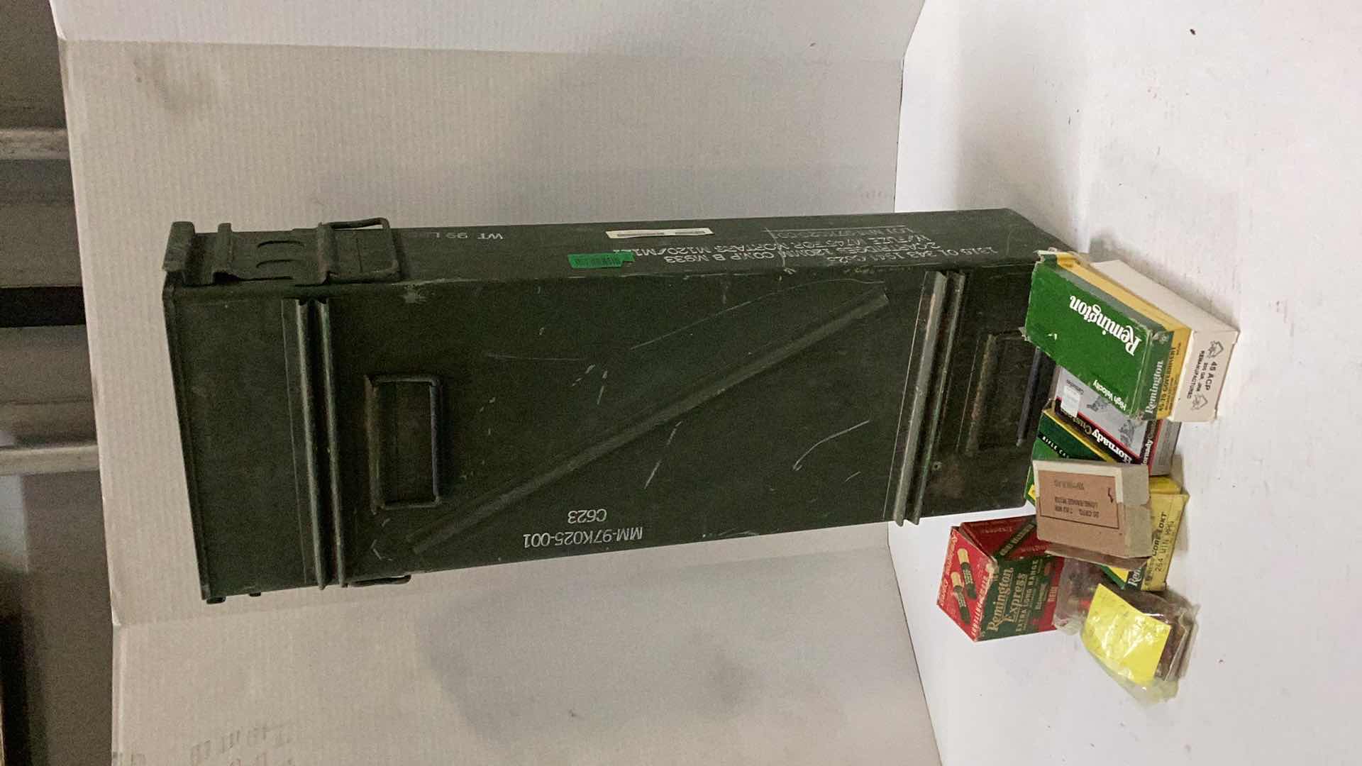 Photo 1 of METAL AMMUNITION CASE 11 X 6 X 32” H, WITH BONUS ASSORTED AMMUNITION