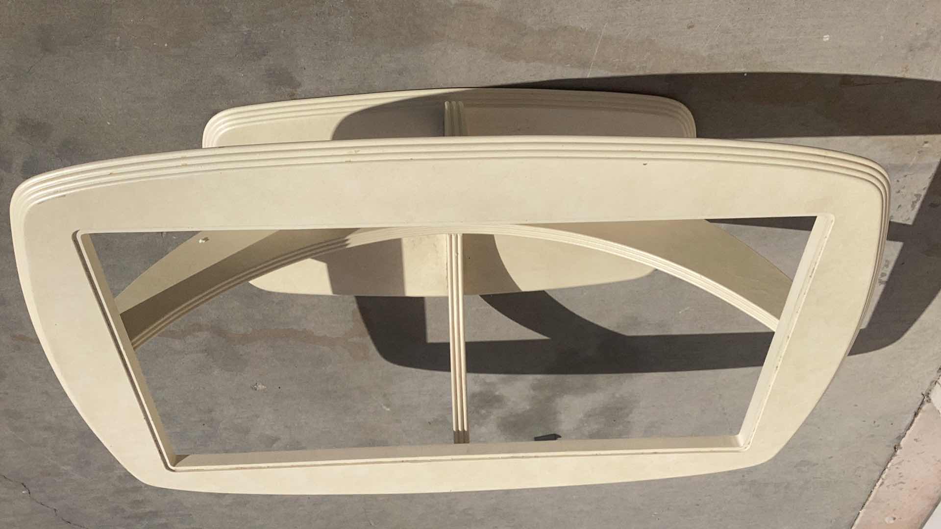 Photo 1 of OFF WHITE WOOD COFFEE TABLE (MISSING GLASS TOP) 40” X 38” H14”