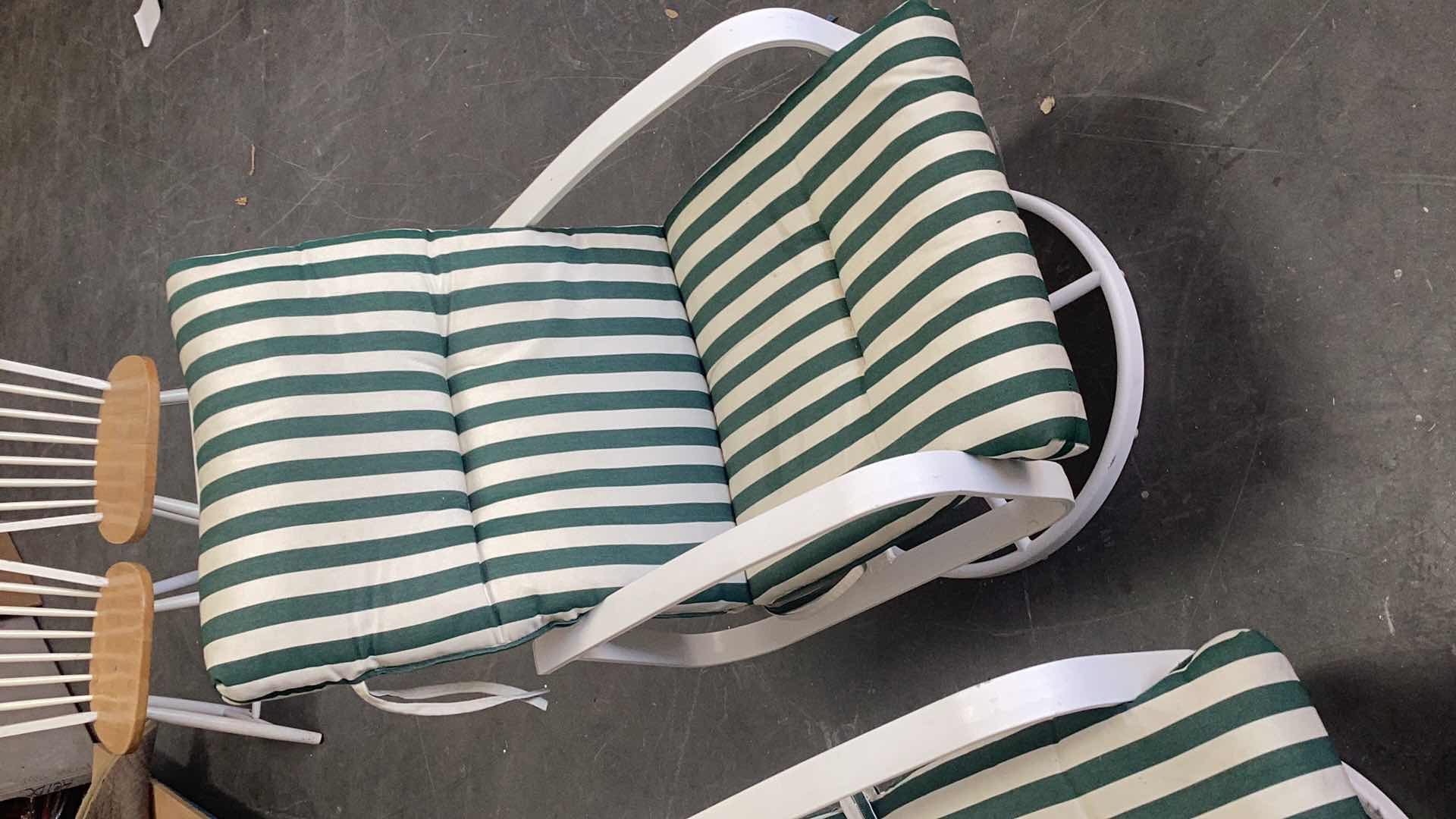 Photo 1 of 2-WHITE METAL OUTDOOR ROCKER CHAIRS W. CUSHIONS