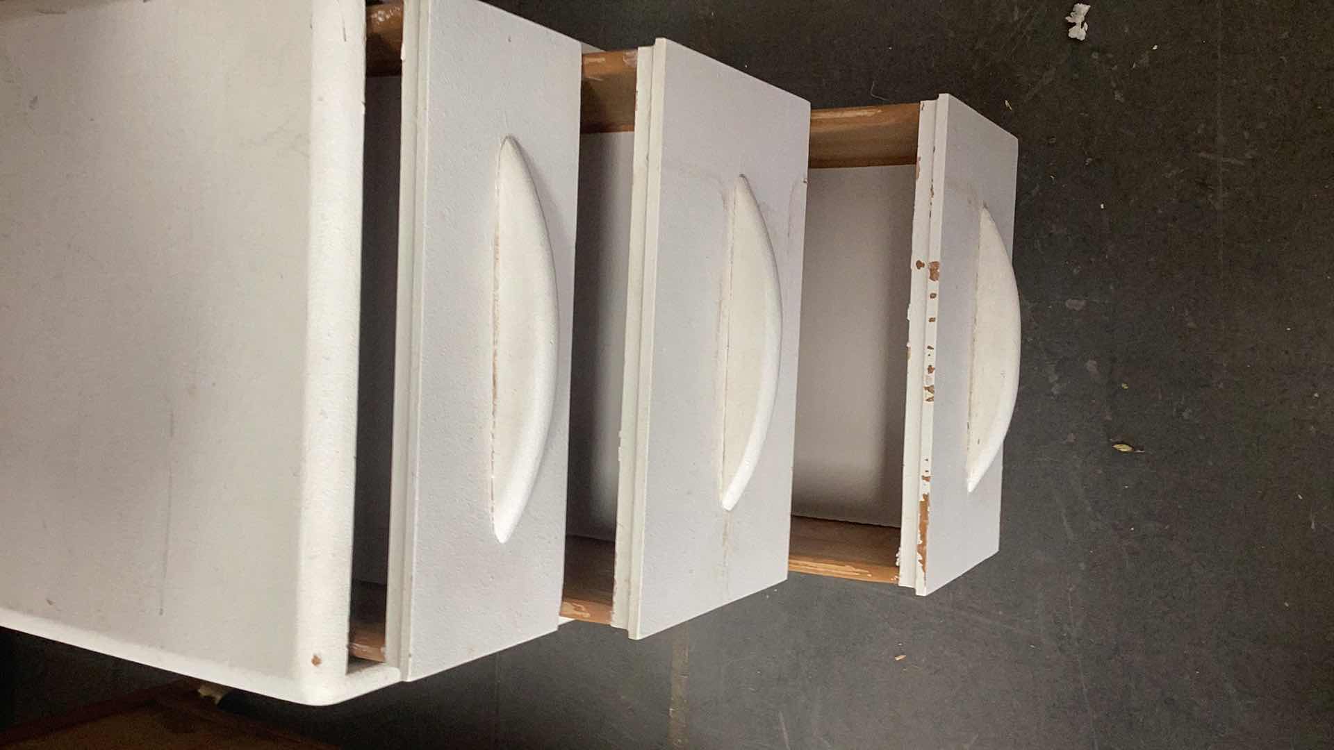 Photo 1 of WHITE WOOD PAINTED 3 DRAWER SIDE TABLE 14” X 17” H 26”