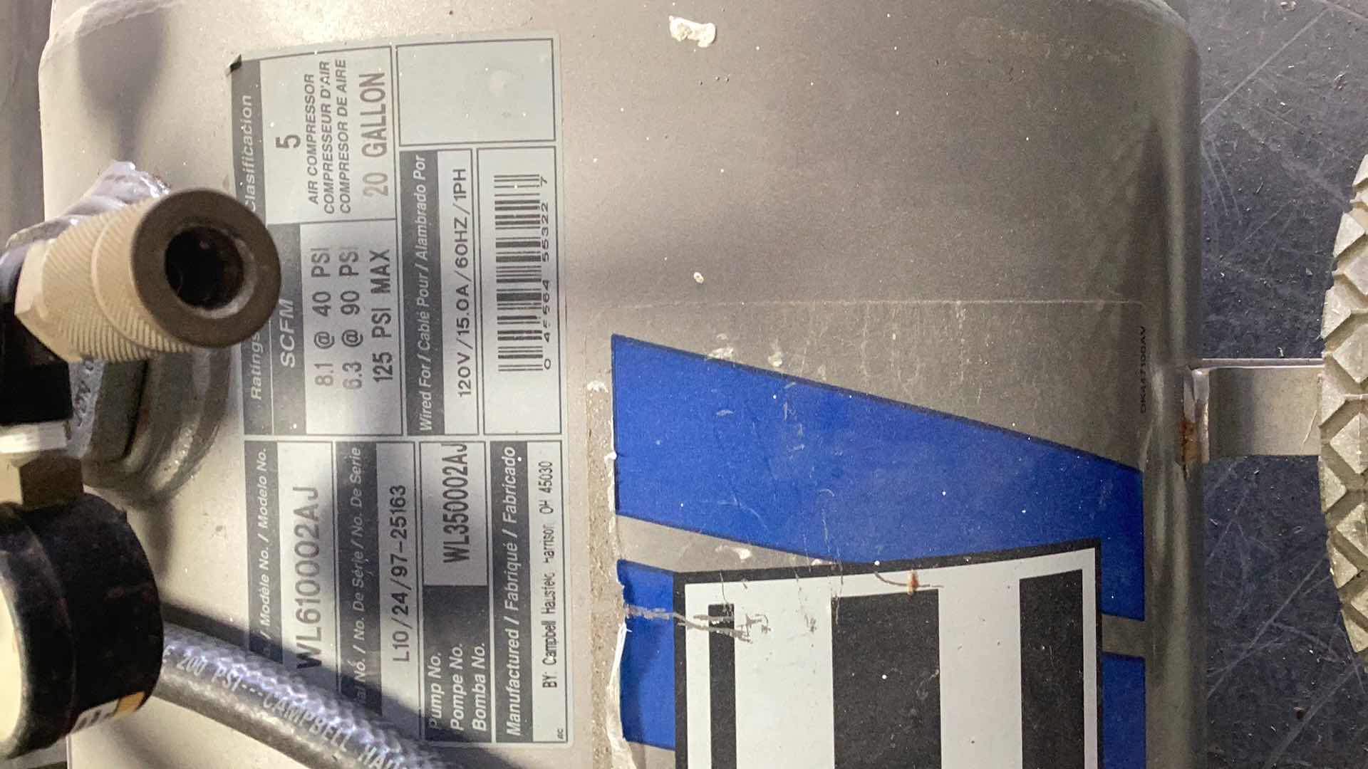 Photo 1 of CAMPBELL HAUSEFELD 5HPN20 GALLON AIR PUMP