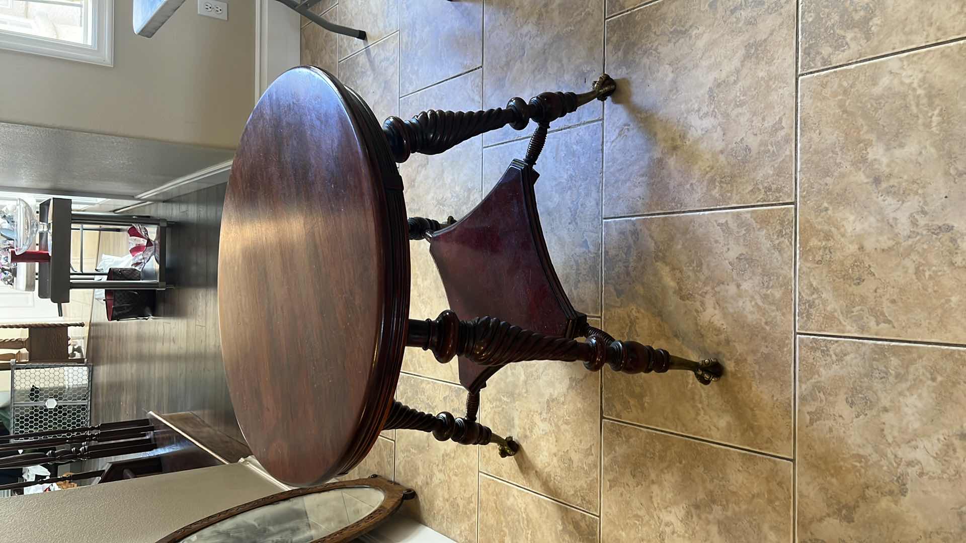 Photo 1 of 30” ROUND MAHOGANY PARLOR TABLE W BRASS CLAW LEGS H28”