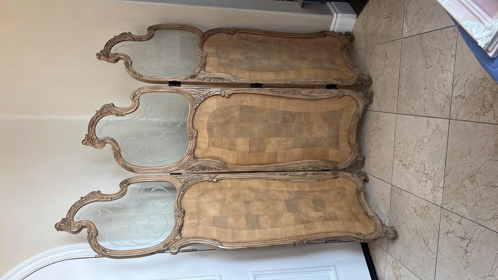 Photo 1 of ANTIQUE 3 PANEL LIGHT WOOD W ETCHED GLASS ROOM DIVIDER 70” x 80”