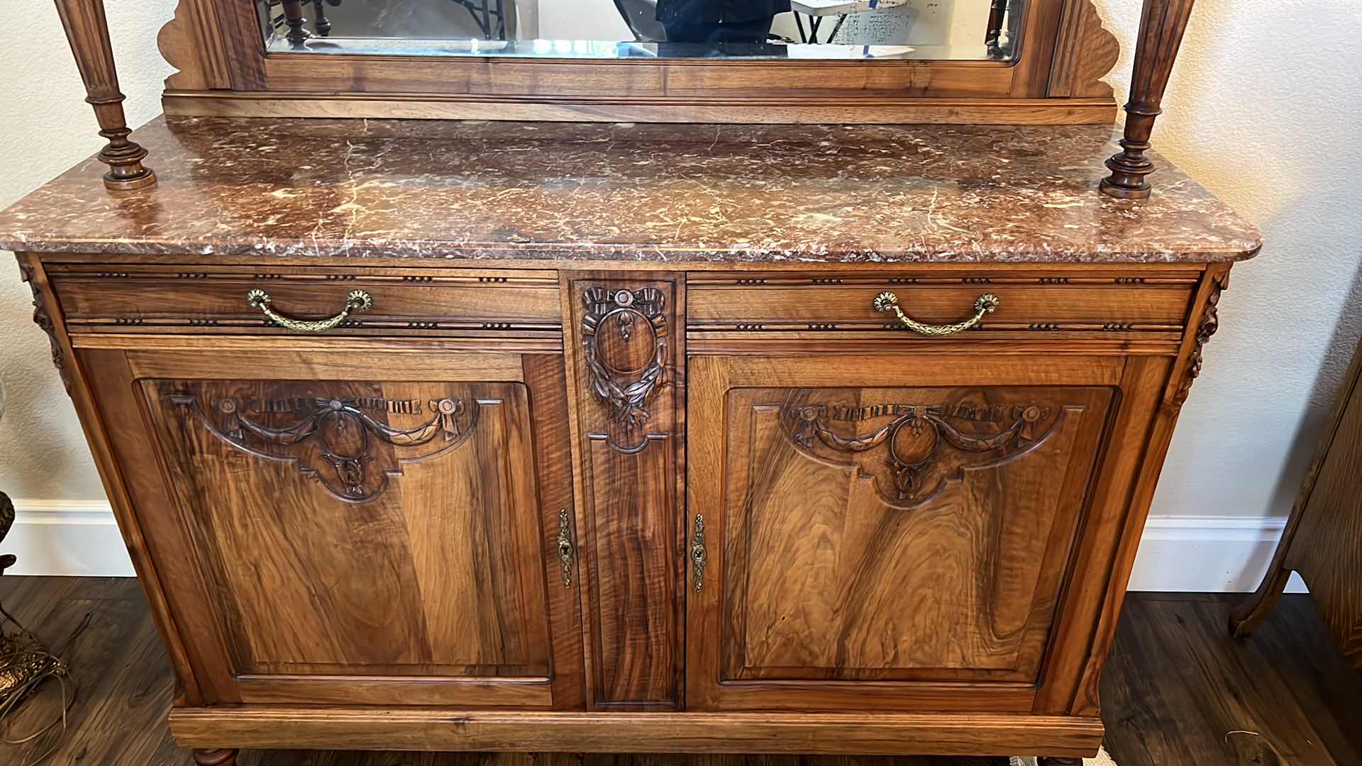 Photo 1 of ANTIQUE WALNUT HUTCH BUFFET W MARBLE TOP AND MIRROR BACK 80” x 20” H80”