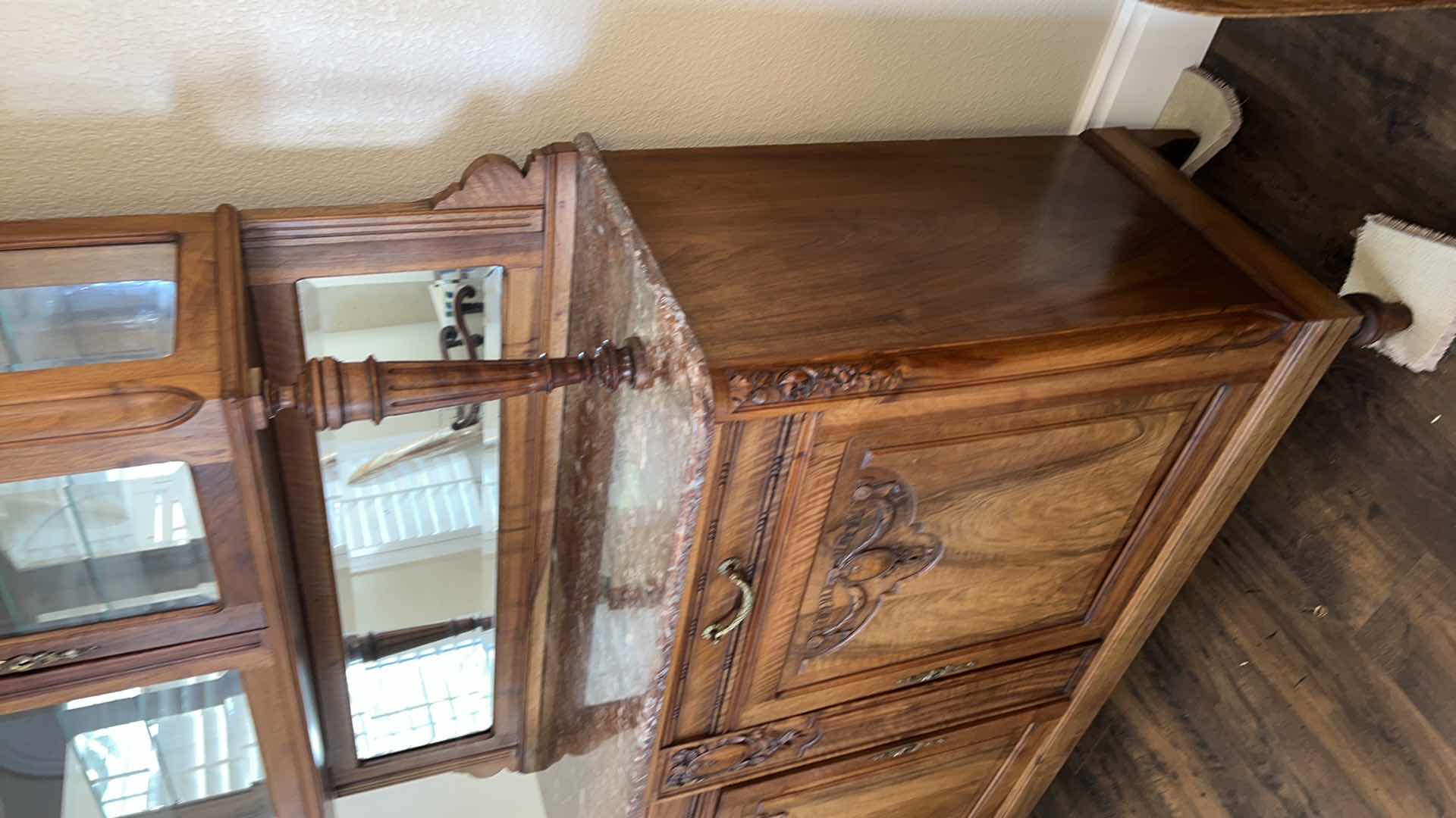 Photo 1 of ANTIQUE WALNUT HUTCH BUFFET W MARBLE TOP AND MIRROR BACK 80” x 20” H80”