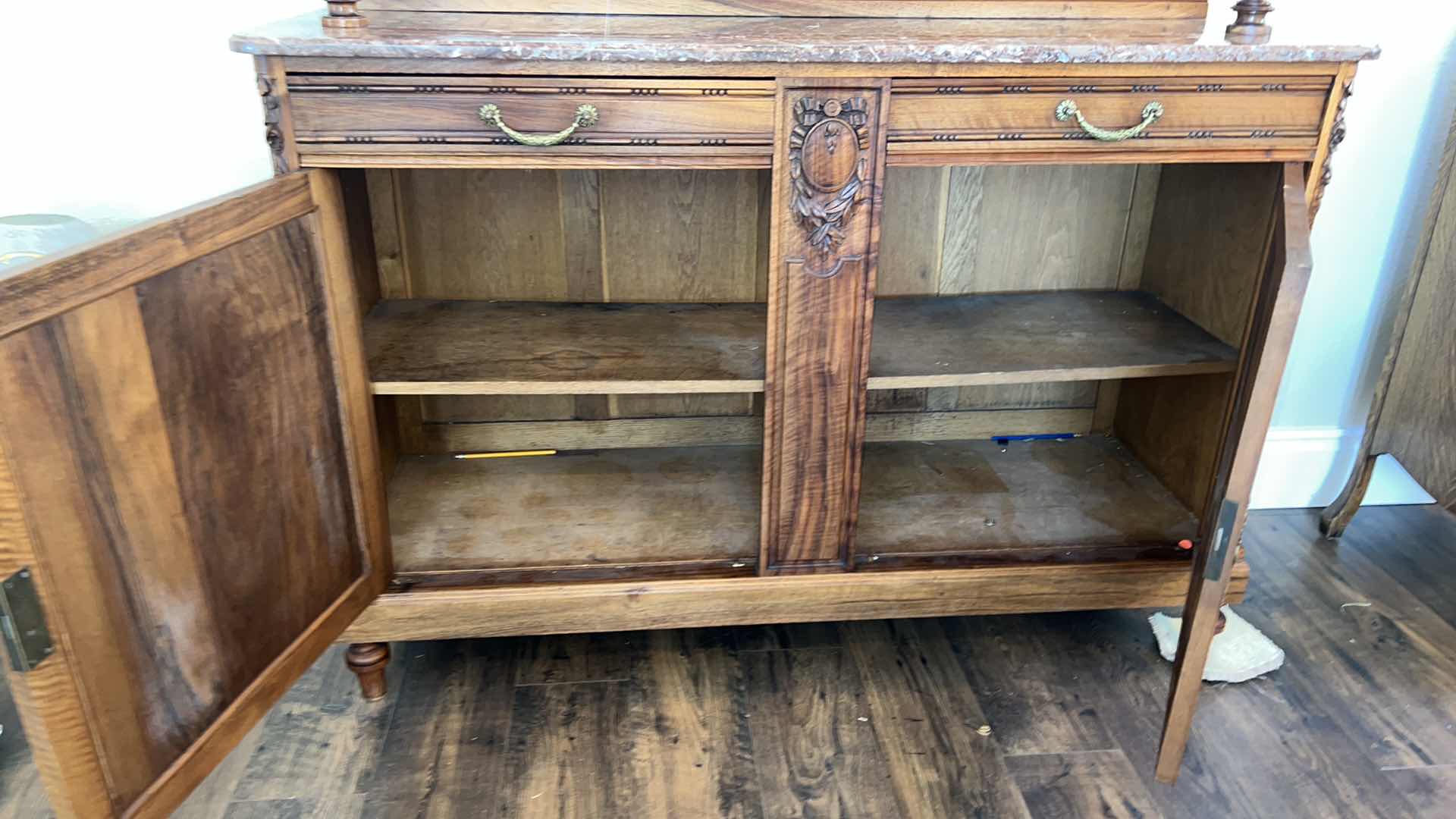 Photo 1 of ANTIQUE WALNUT HUTCH BUFFET W MARBLE TOP AND MIRROR BACK 80” x 20” H80”