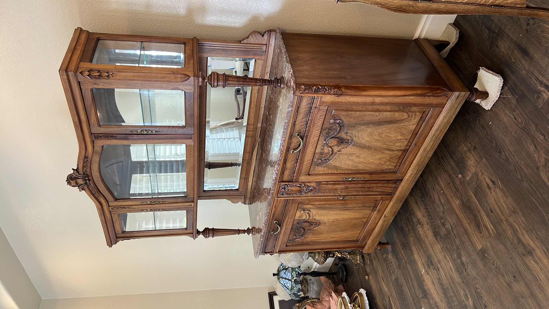 Photo 1 of ANTIQUE WALNUT HUTCH BUFFET W MARBLE TOP AND MIRROR BACK 80” x 20” H80”