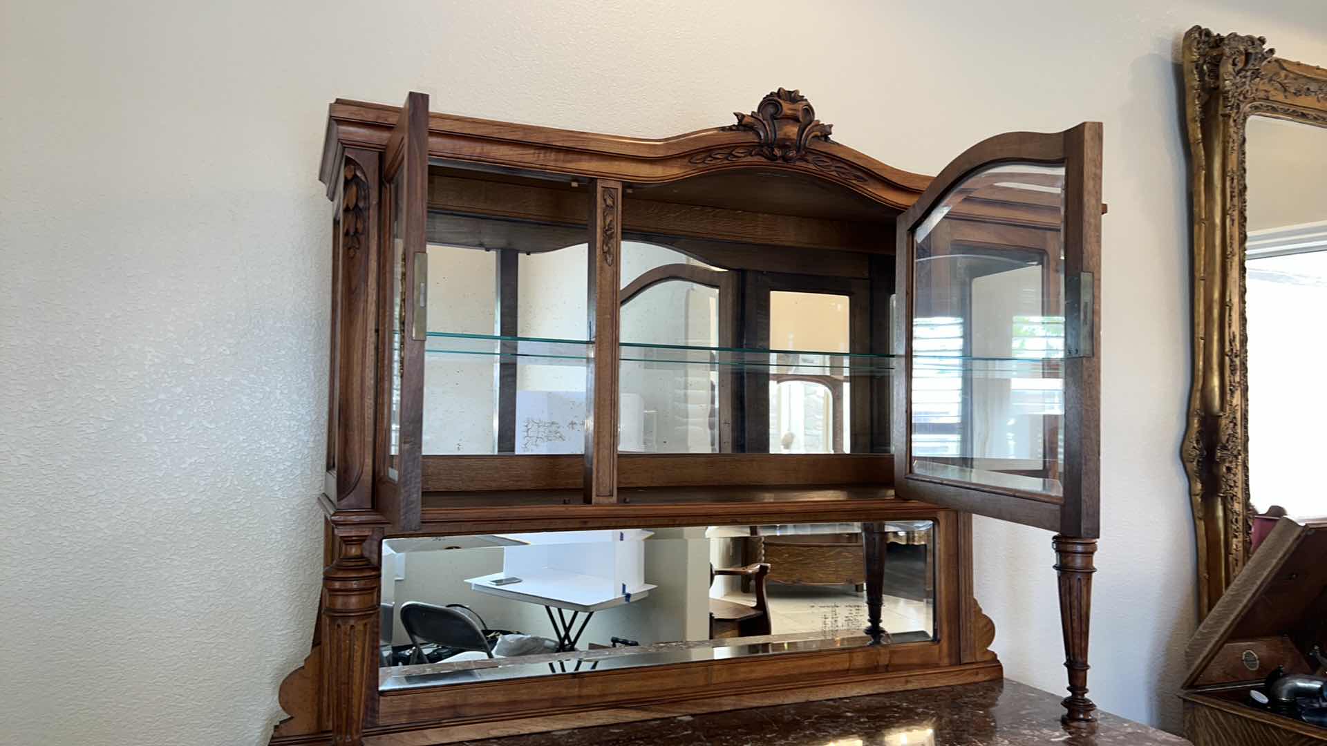 Photo 1 of ANTIQUE WALNUT HUTCH BUFFET W MARBLE TOP AND MIRROR BACK 80” x 20” H80”