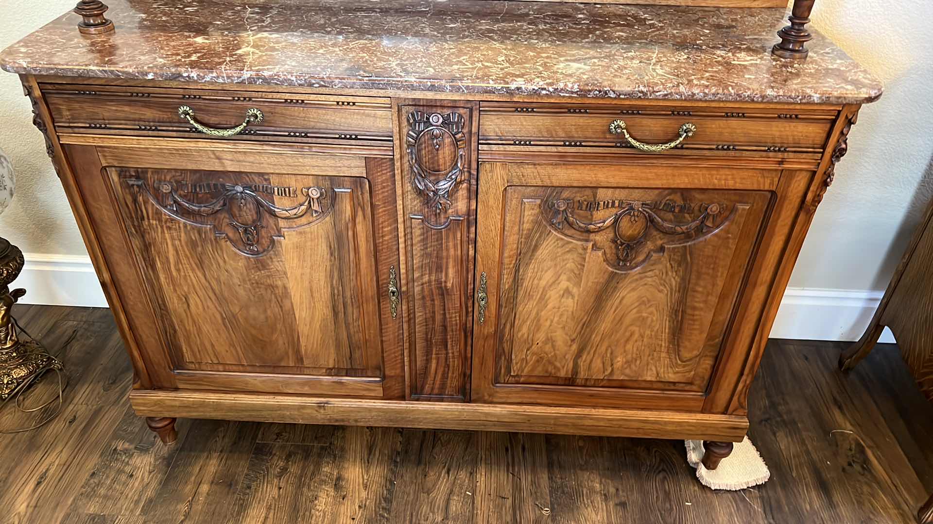Photo 1 of ANTIQUE WALNUT HUTCH BUFFET W MARBLE TOP AND MIRROR BACK 80” x 20” H80”